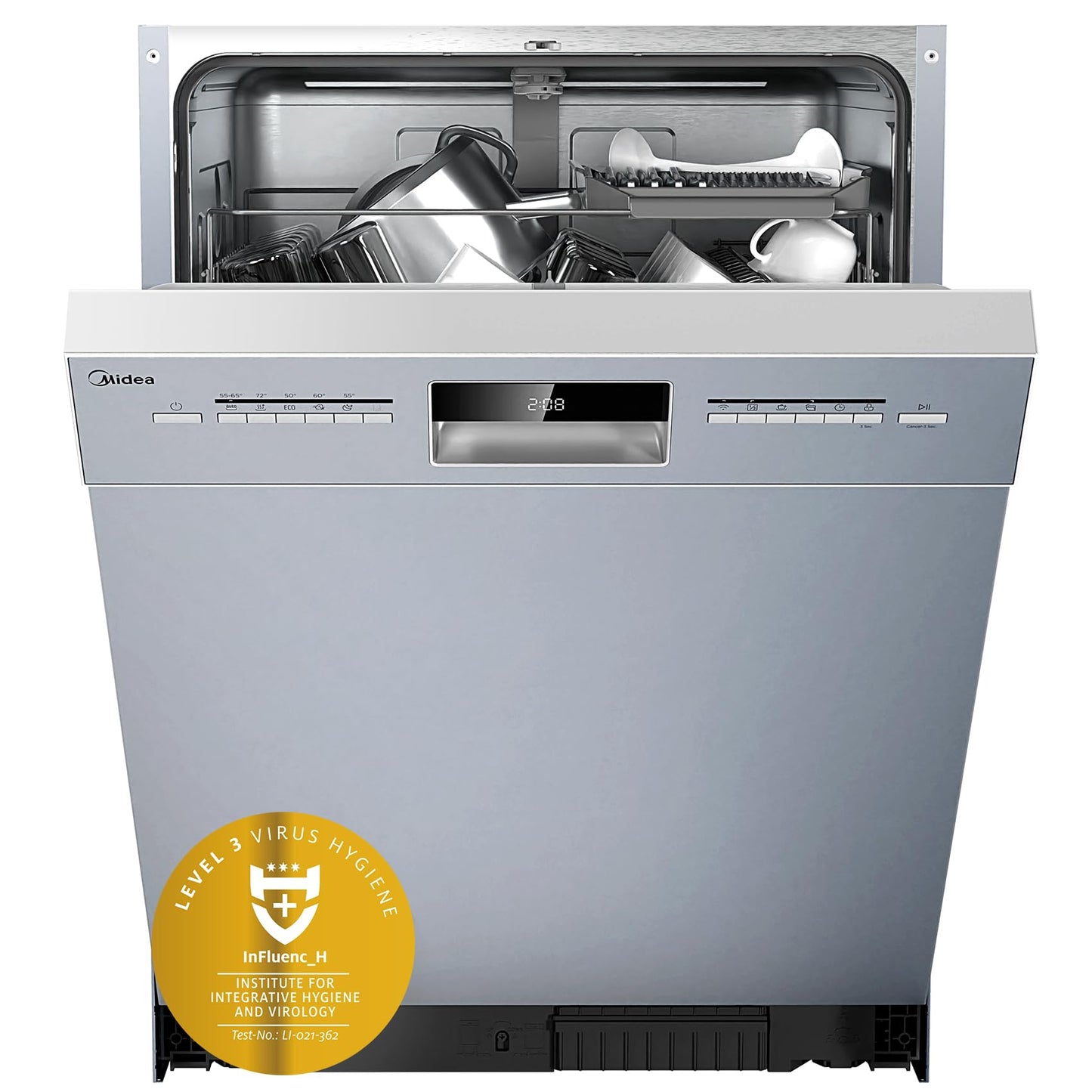 Midea SU 5.35X14CS Dishwasher Base, 14 MGD, Dishwasher 60 cm, Home Connect, Hygiene Care+, Machine Care +, Extra Drying, Half Load, 44 db, Start Delay, Stainless Steel