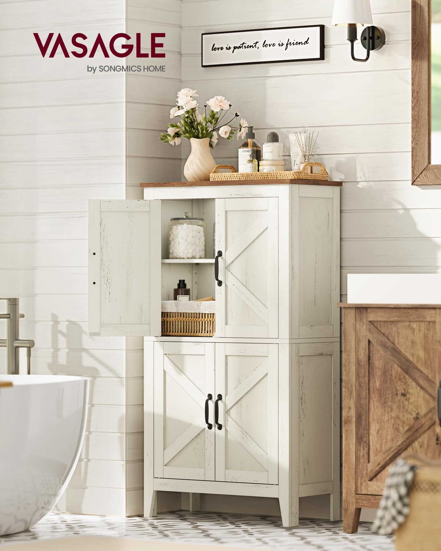 VASAGLE LIRY Kollektion - Aufbewahrungsschrank im Landhausstil, Badschrank mit Türen, freistehende Küchenschrank, verstellbare Ablagen, Esszimmer, Wohnzimmer, vintageweiß BBK773W01