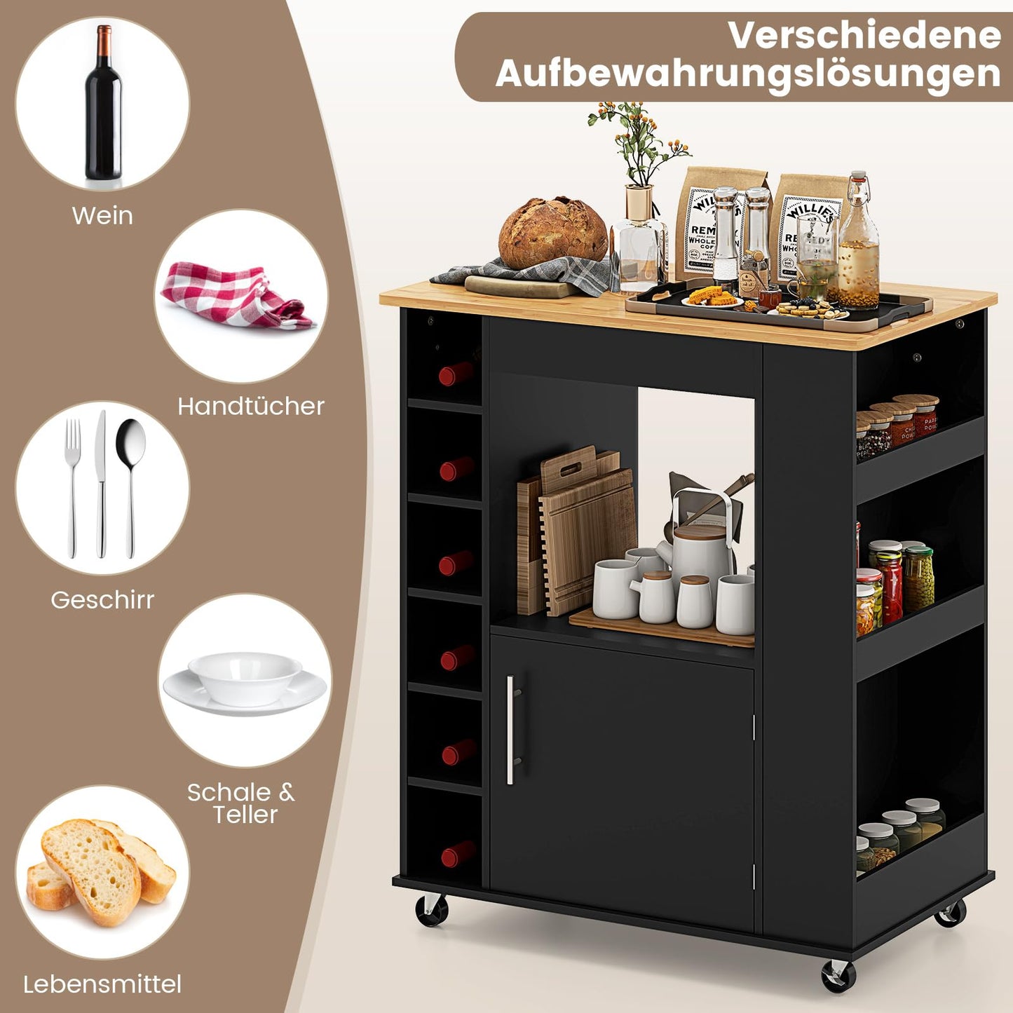 COSTWAY Kitchen Trolley on Wheels, Serving Trolley with Worktop & Towel Holder & Spice Racks, Wine Rack for 6 Bottles, Kitchen Island Wood, Kitchen Cabinet Rollable, for Kitchen, Dining Room, Bar