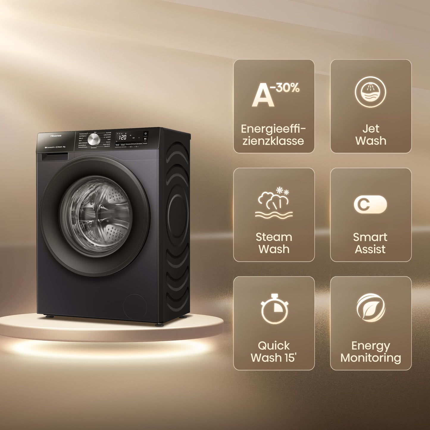 Hisense WF3S1043BW3 Washing Machine with Steam Function, 10.5 kg, 1400 rpm, 19 Programmes, WiFi, ConnectLife, Power JetWash, Aqua Stop, Auto Wash, Quick Wash, Steam Refresh, Energy EEK A-20 Percent