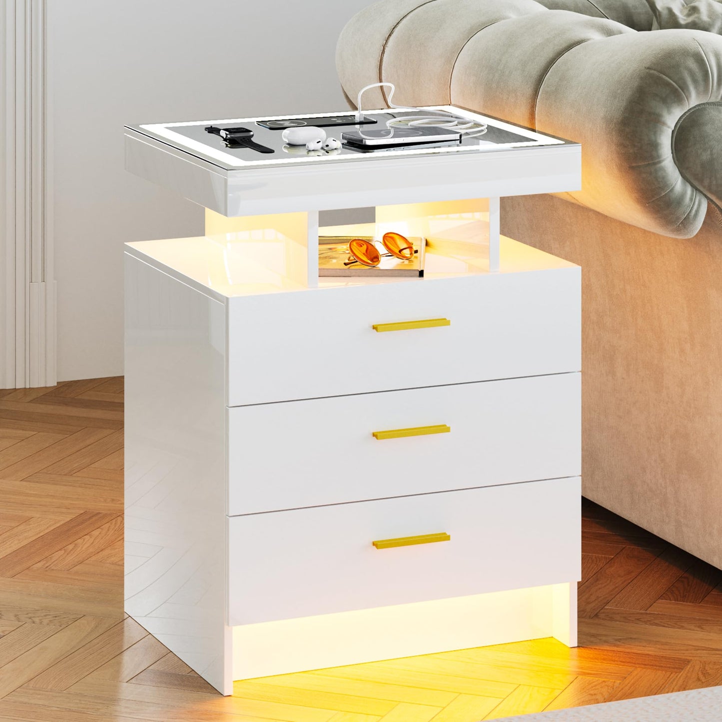 Lvifur LED Bedside Table with Charging Function, Smart Bedside Cabinet with 3 Lights, Dimmable, High Gloss Sideboard with 3 Drawers, USB Type-C Automatic Sensor, Bedroom, White