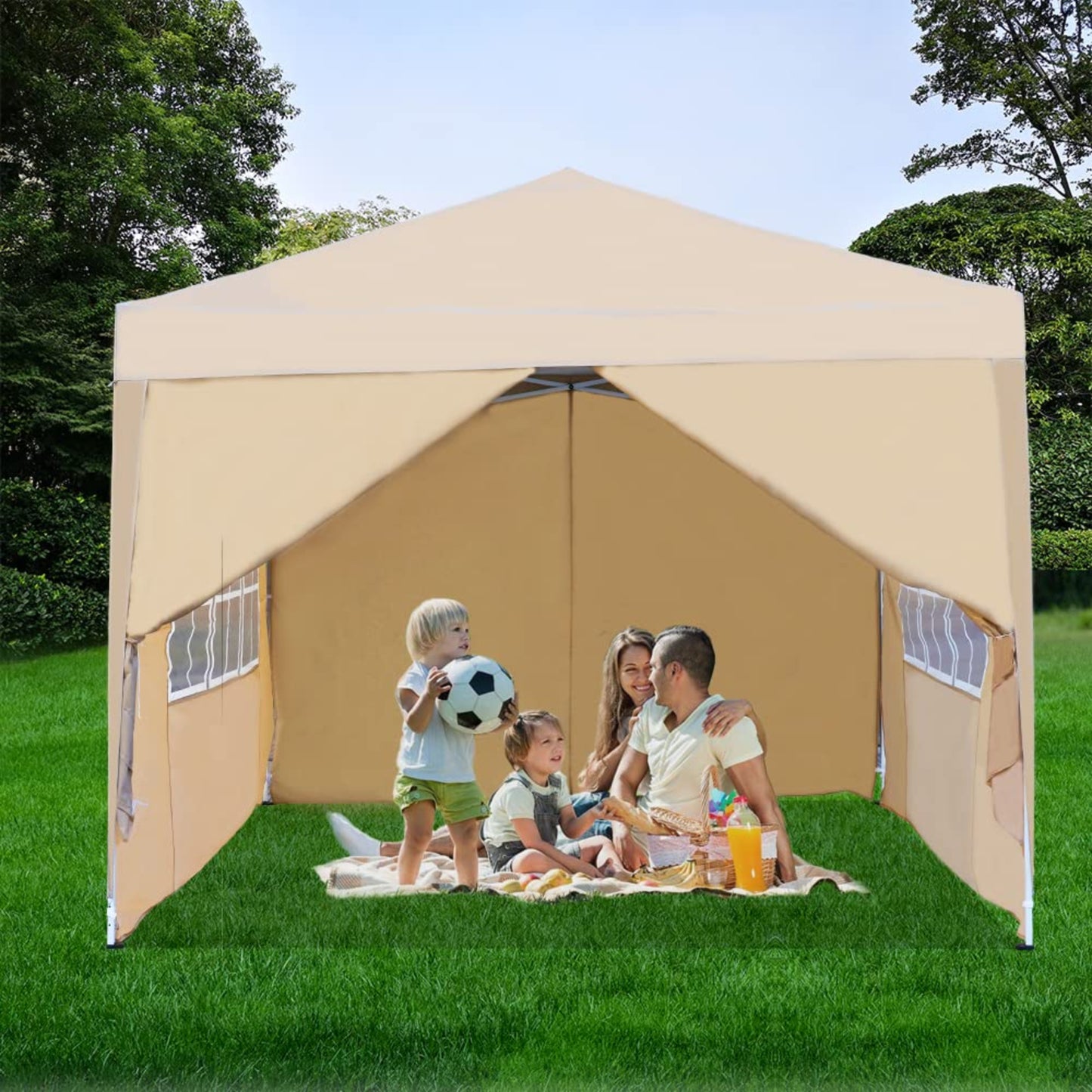Mingone Folding Gazebo Waterproof Gazebo 3 x 3 m Stable Party Tent Pop Up Garden Tent Pasture Tent PE Beer Tent UV Protection 50+ Marquee with 4 Side Panels, Beige