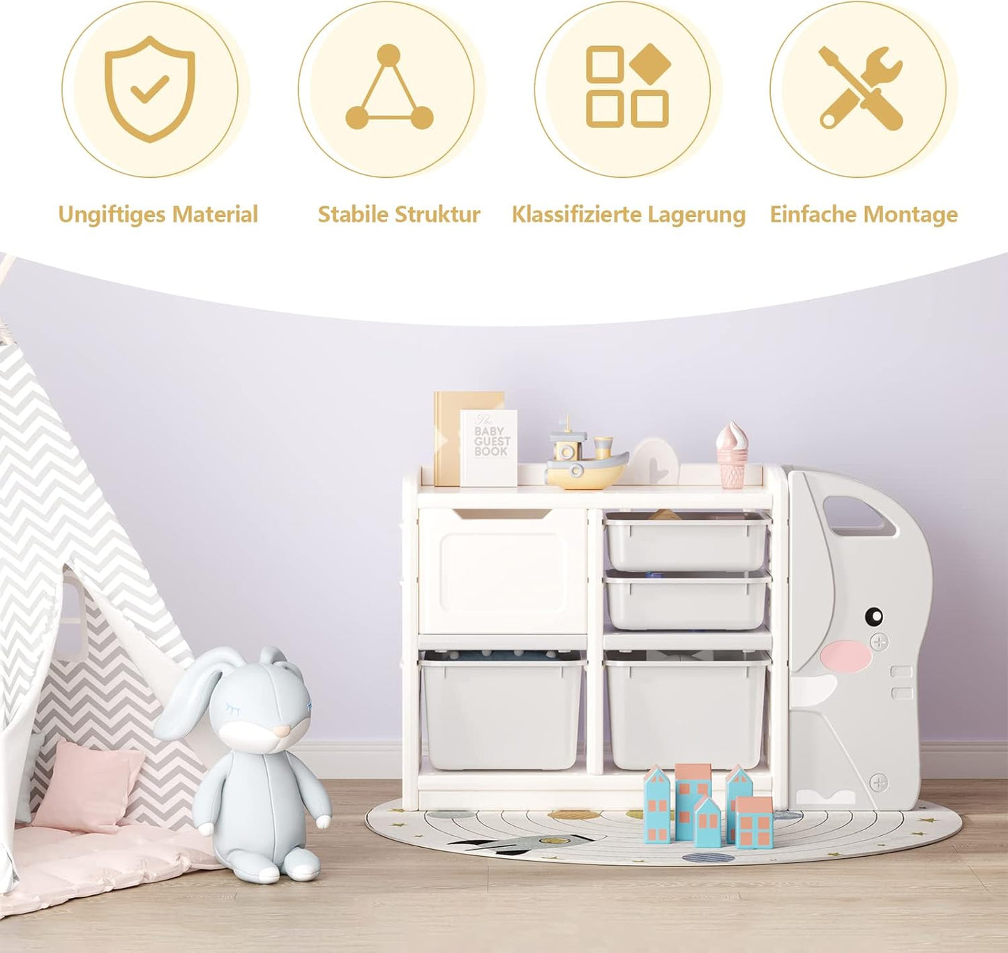 Dripex Children's Shelf, Toy Shelf with 2 Storage Boxes, Bookcase, 101 x 31 x 64.5 cm, Toy Storage Shelf, Children's Room Shelf for Boys, Girls