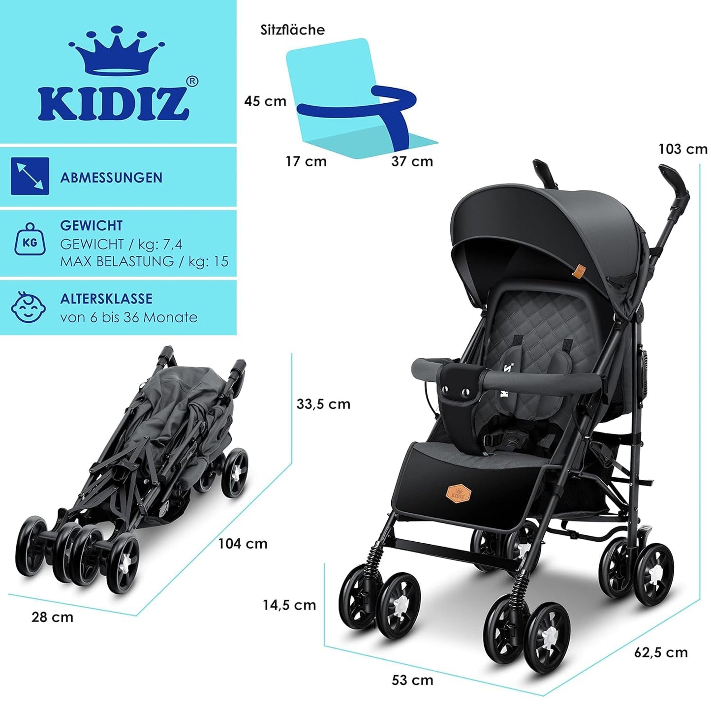 KIDIZ® City-Pro Pushchair Folding Pushchair Pushchair Sports Pushchair Foldable 360° 6 Inch Wheels Includes Mosquito Net, Footmuff and Rain Cover Foldable Sleep Function Blue