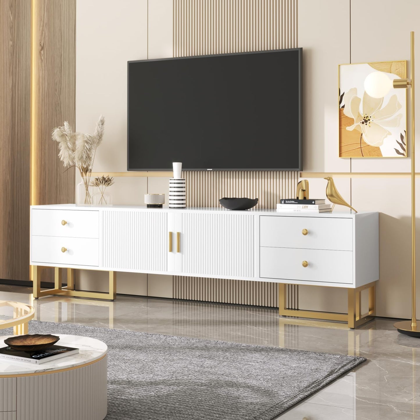 TV Cabinet with 3 Drawers, TV Table with Golden Handles and Legs, Modern TV Stand for TVs up to 75 Inches, Rounded Corners, TV Cabinet for Living Room, 174 x 35 x 41 cm, White