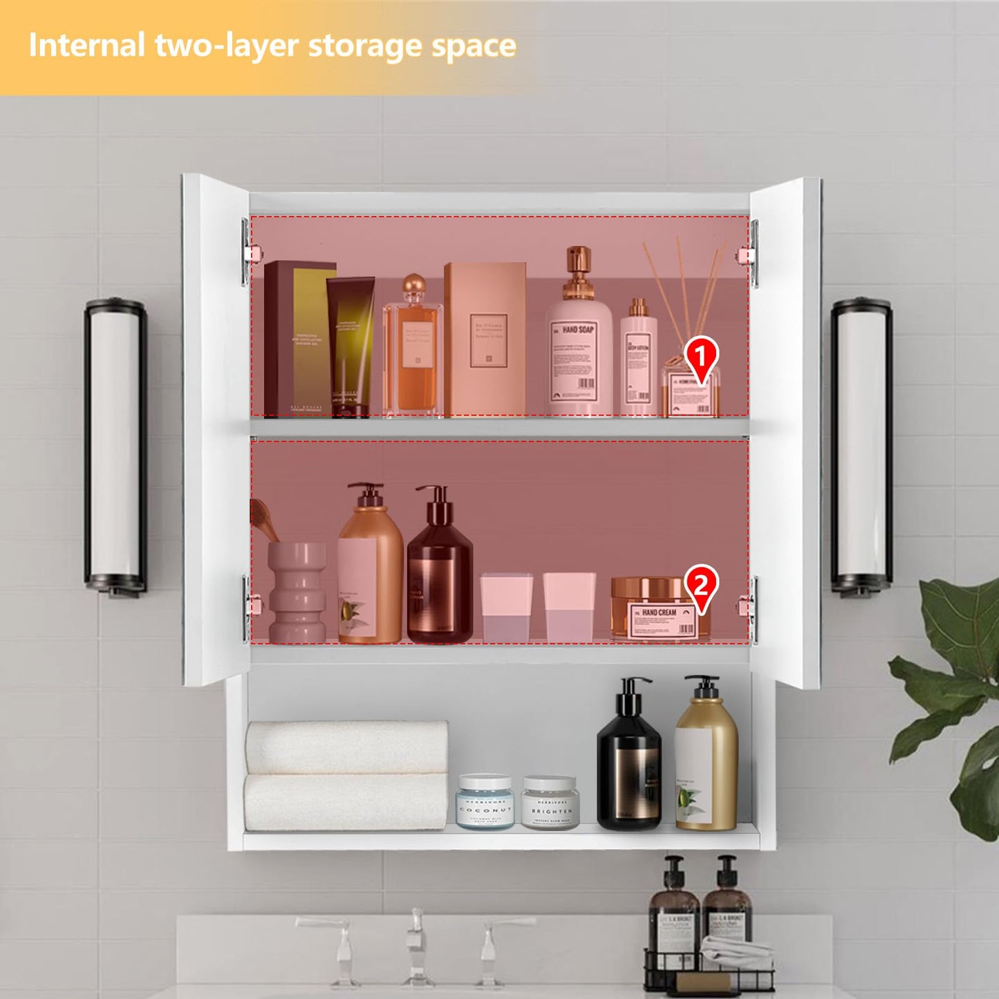 TUKAILAI Mirror Cabinet Bathroom Cabinet with 2 Toy Doors and Additional Shelf Storage Cabinet with Adjustable Shelves Wall Cabinet Medicine Cabinet Wall Cabinet for Bathroom White