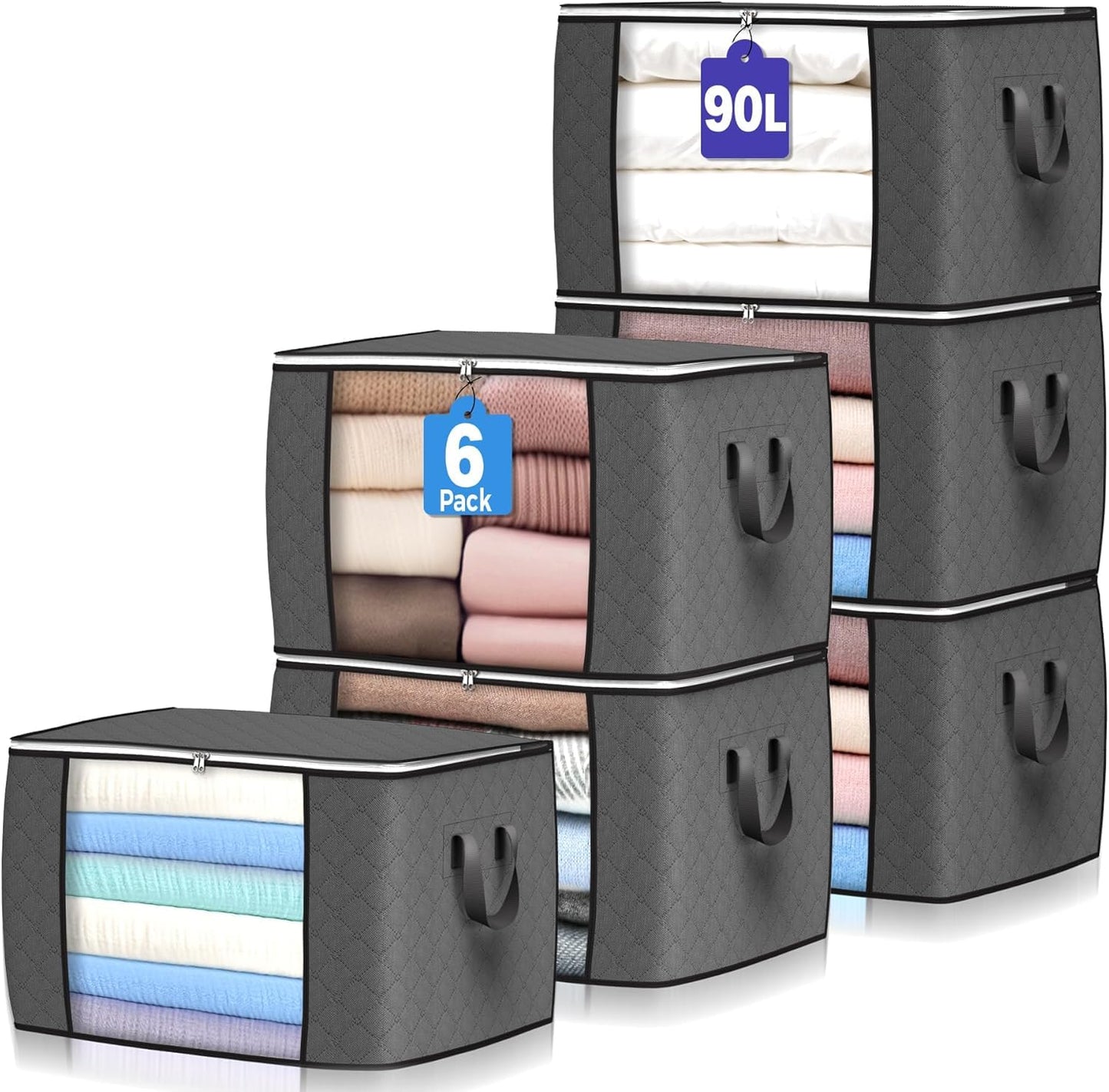 Budding Joy Pack of 6 90 L Storage Bags, Storage Boxes with Lid, Large, Clothes Storage, Moving Boxes, Foldable Underbed Wardrobe for Clothes, Duvets and Bedding, Grey
