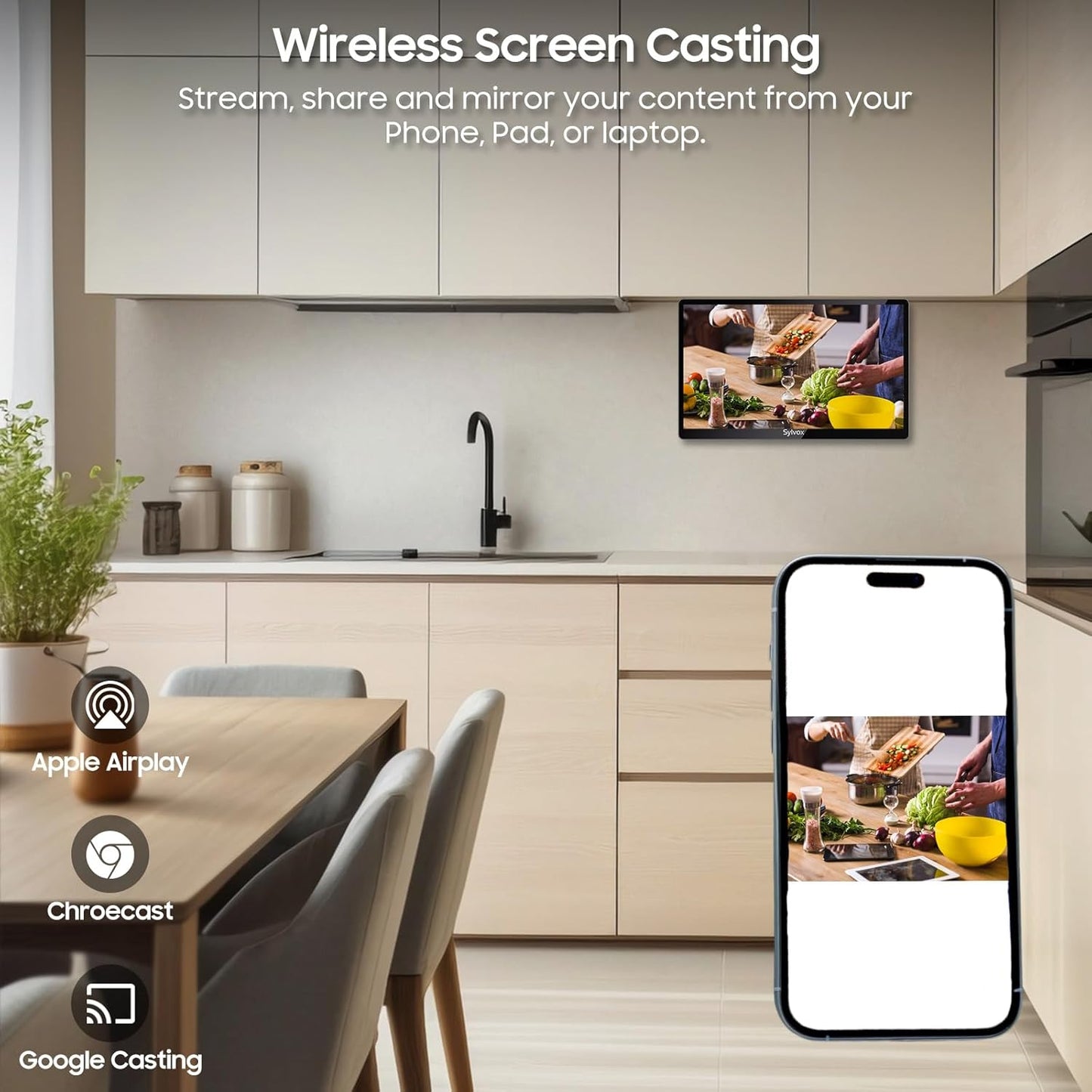 SYLVOX 15.6 Inch Kitchen TV - Mini Smart TV with Google TV, DVB-C/T2/S2, 1080P Full HD, Rotatable and Foldable, Under Cabinet Mountable, 12 V Small TV for Kitchen, Children's Room, Laundry