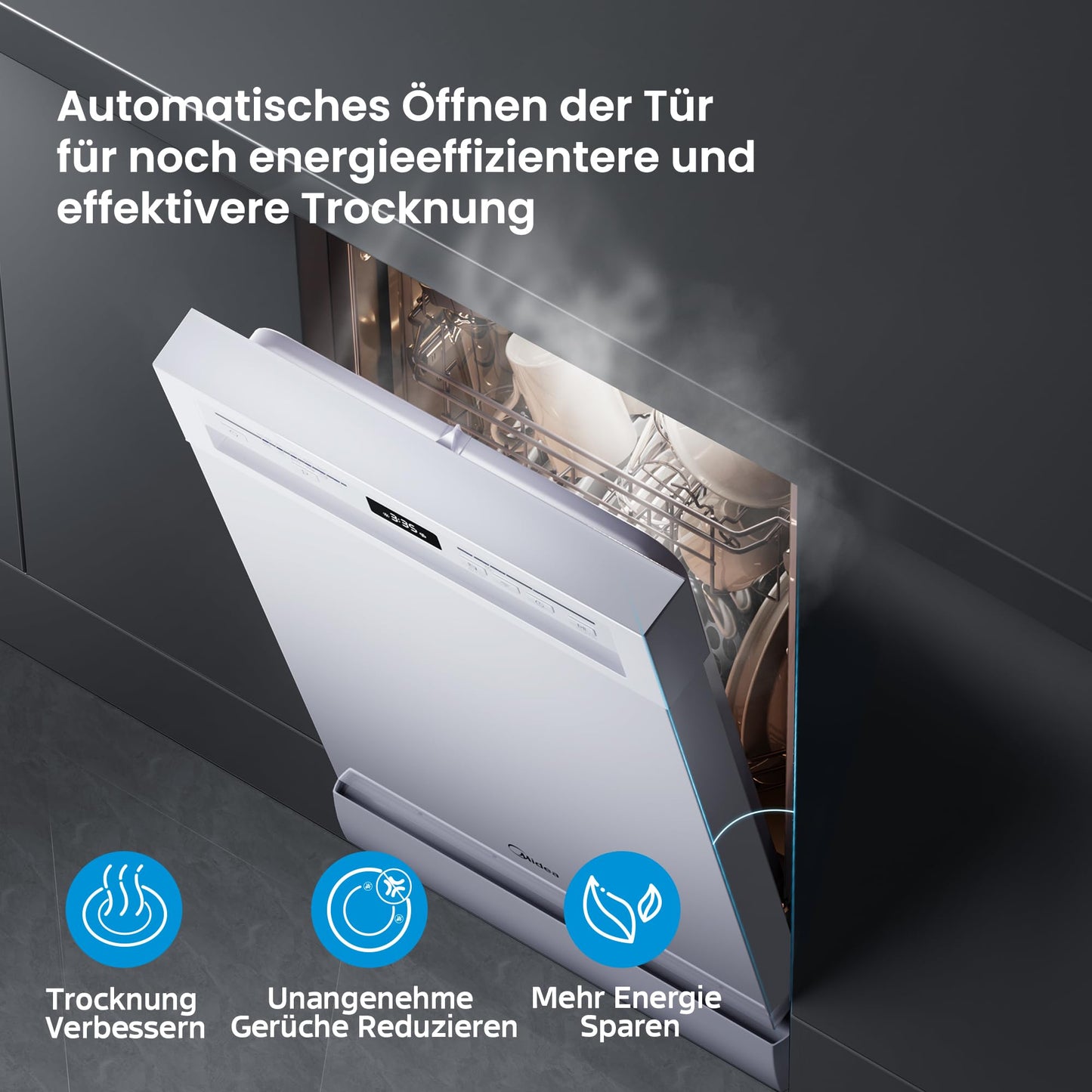 Midea SU 5.35X14CS Dishwasher Base, 14 MGD, Dishwasher 60 cm, Home Connect, Hygiene Care+, Machine Care +, Extra Drying, Half Load, 44 db, Start Delay, Stainless Steel