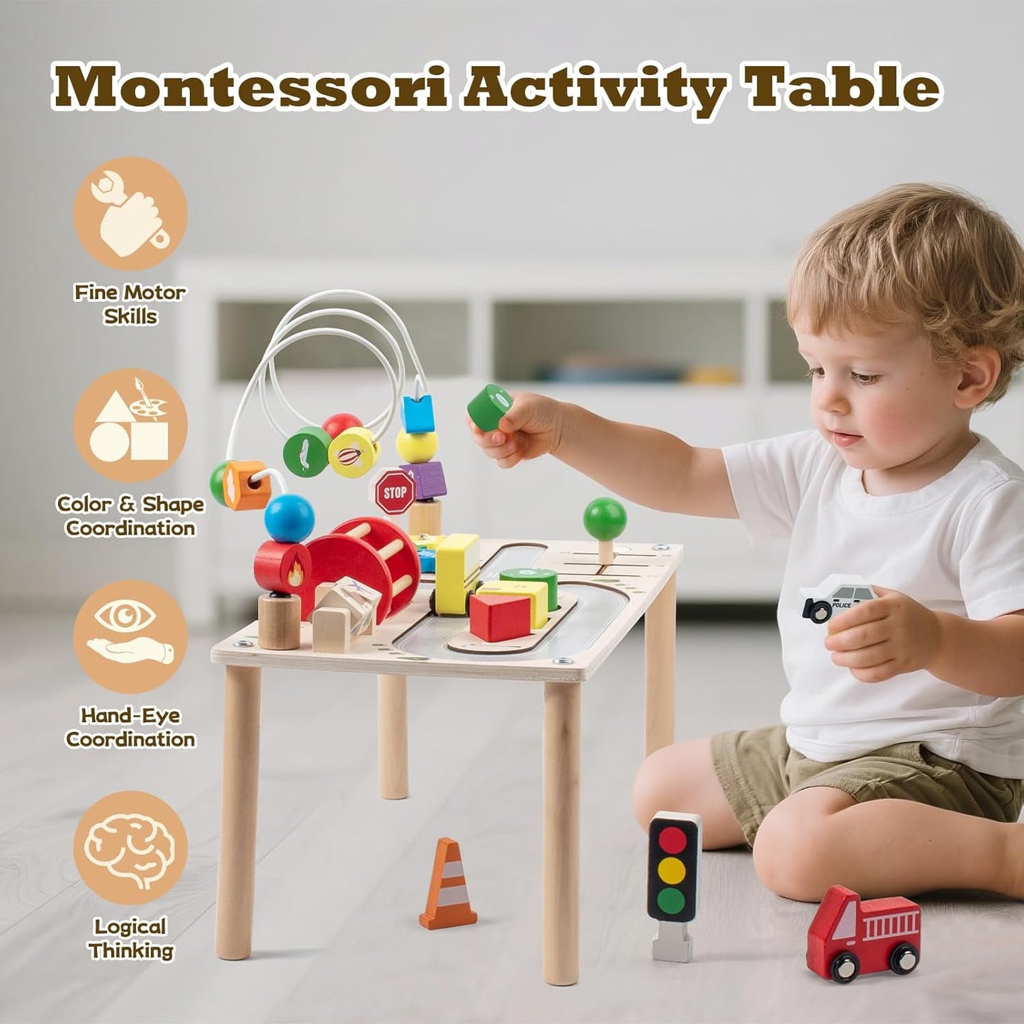 7-in-1 Montessori Wooden Activity Table with Shape Sorter & Learning Clock, Motor Skills Toy from 3 Years, Educational Toy Gift for Boys Girls for Birthday