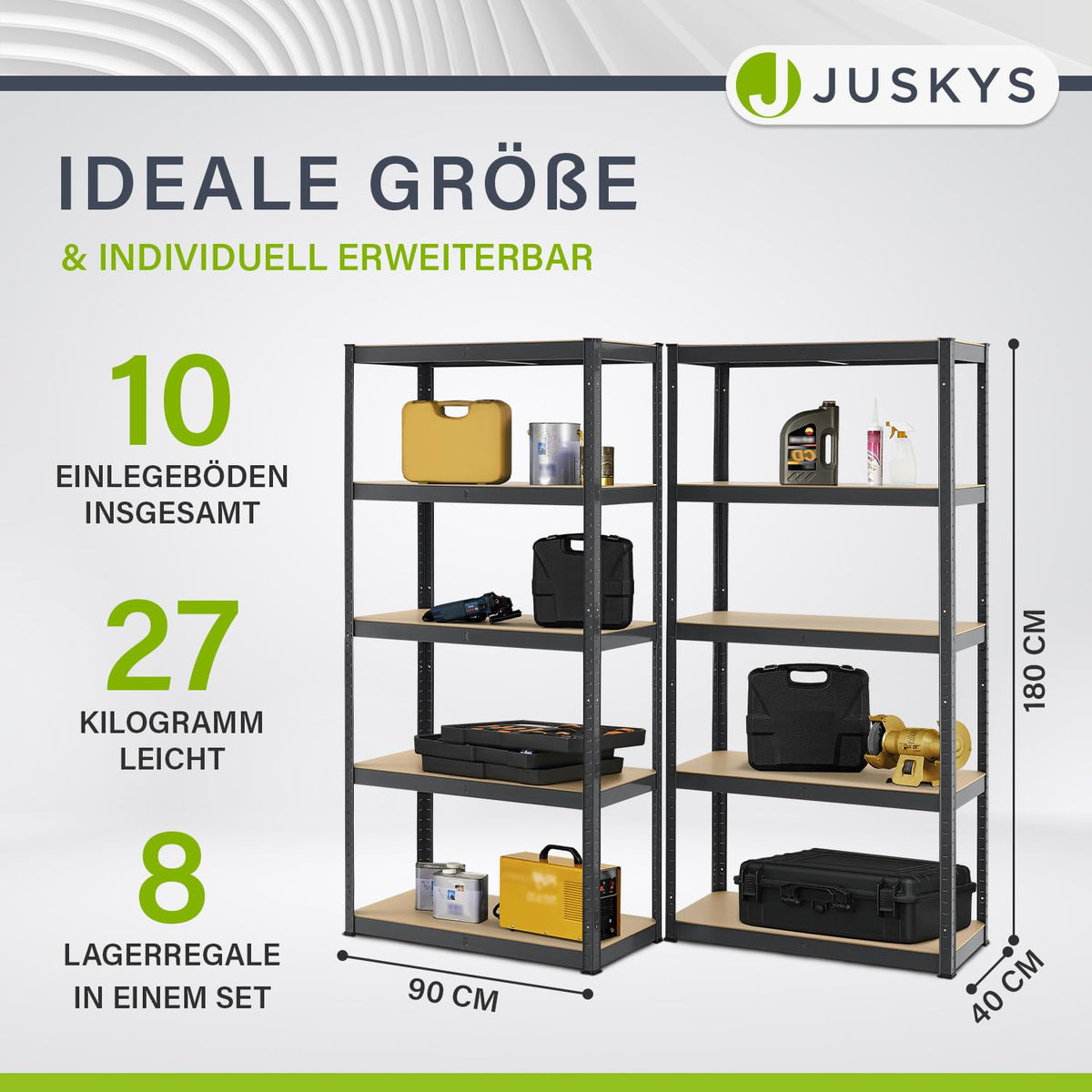 Juskys Set of 2 Basic Storage Shelves, 2 x 180 x 90 x 40 cm (H x W x D) - 1750 kg - 10 Shelves - Heavy Duty Shelving Unit Metal Cellar Shelving System Shelf - Grey