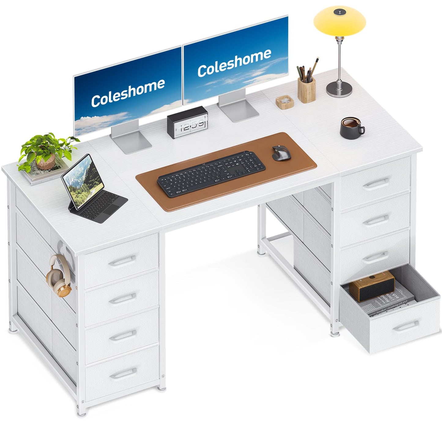 Coleshome Desk with 8 Fabric Drawers, 120 x 48 cm, Desk with Storage Space, Computer Desk with Headphones, Office Table, PC Table, Office Table for Office, Living Room, Home Office, Brown