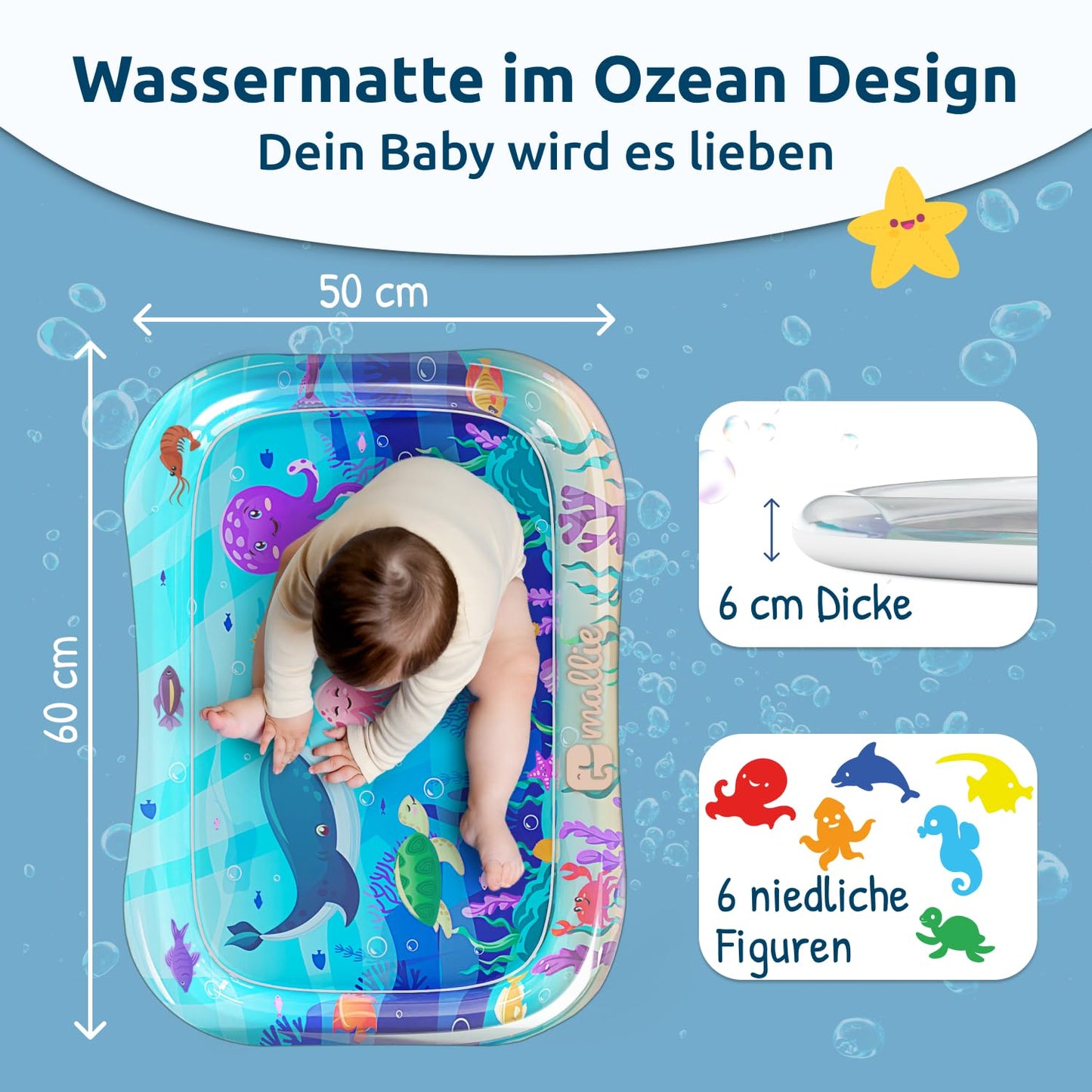 Mallie® Wassermatte Baby 66x50 CM [100% BPA & Schadstoff-Frei] ab 3, 6 und 9 Monate im Ozean Blau Design I Baby Spielzeug, Spielzeug Ab 6 Monate als Wassermatte Baby und Baby Spielzeug 6 Monate