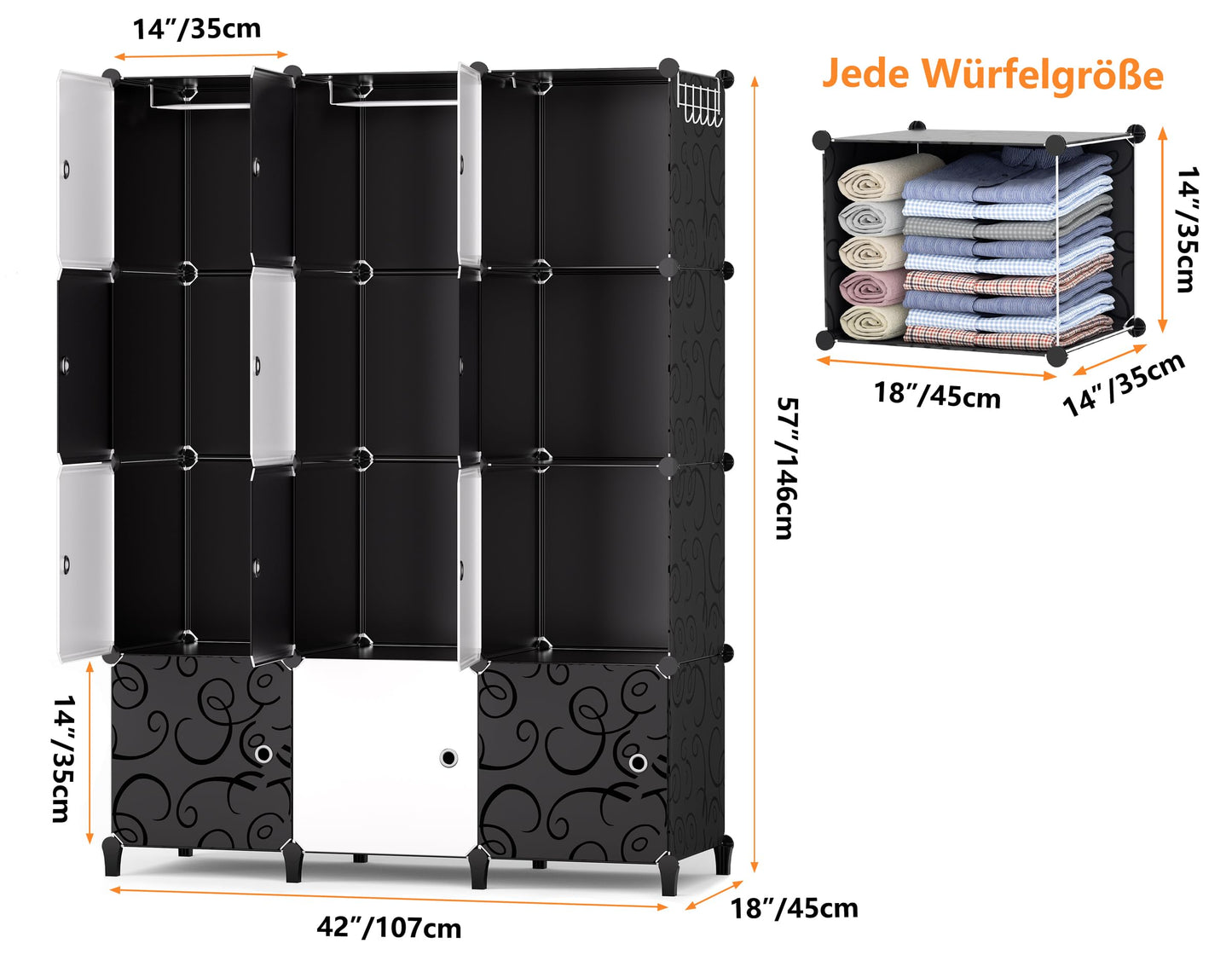 HOMIDEC Wardrobe, Portable Shelf System, 20 Cube Plastic Cabinet with 2 Clothes Rails, Bedroom Wardrobe, White for Bedroom, 180 x 142 x 45 cm