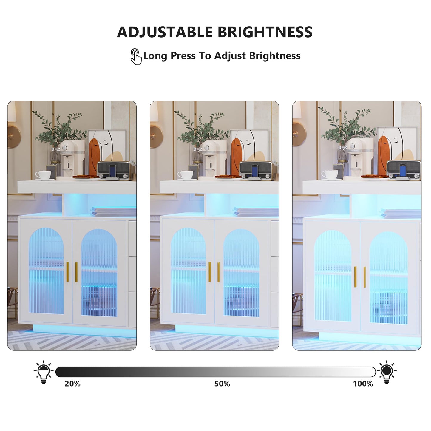 Lvifur Buffet Cabinet, Sideboard, White, Storage Cabinet with Wireless Charging Station, Automatic Sensor, RGB 20 Colours, Dimmable Sideboard, Intelligent Sensors, Chest of Drawers, Living Room, White