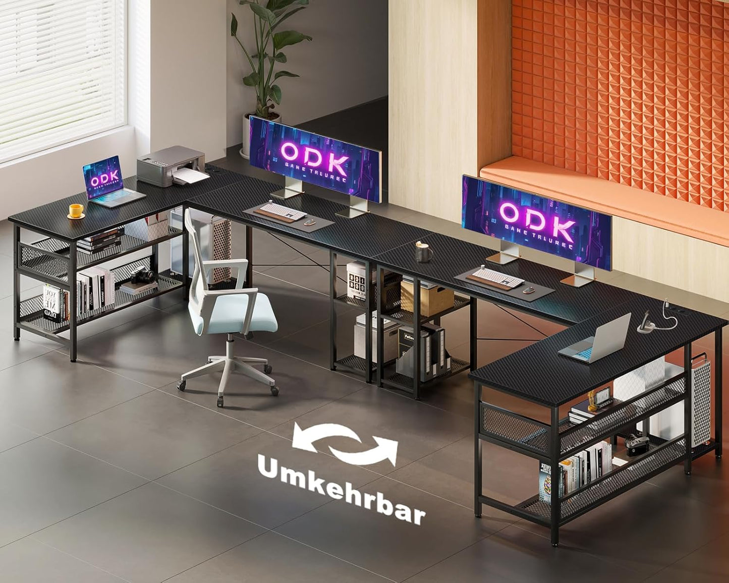 ODK Gaming Tisch, Reversibel Gaming Schreibtisch mit 2 Steckdosen und 2 USB Ladeanschluss, Eckschreibtisch für Office und Gaming, Weiß, 150×102cm
