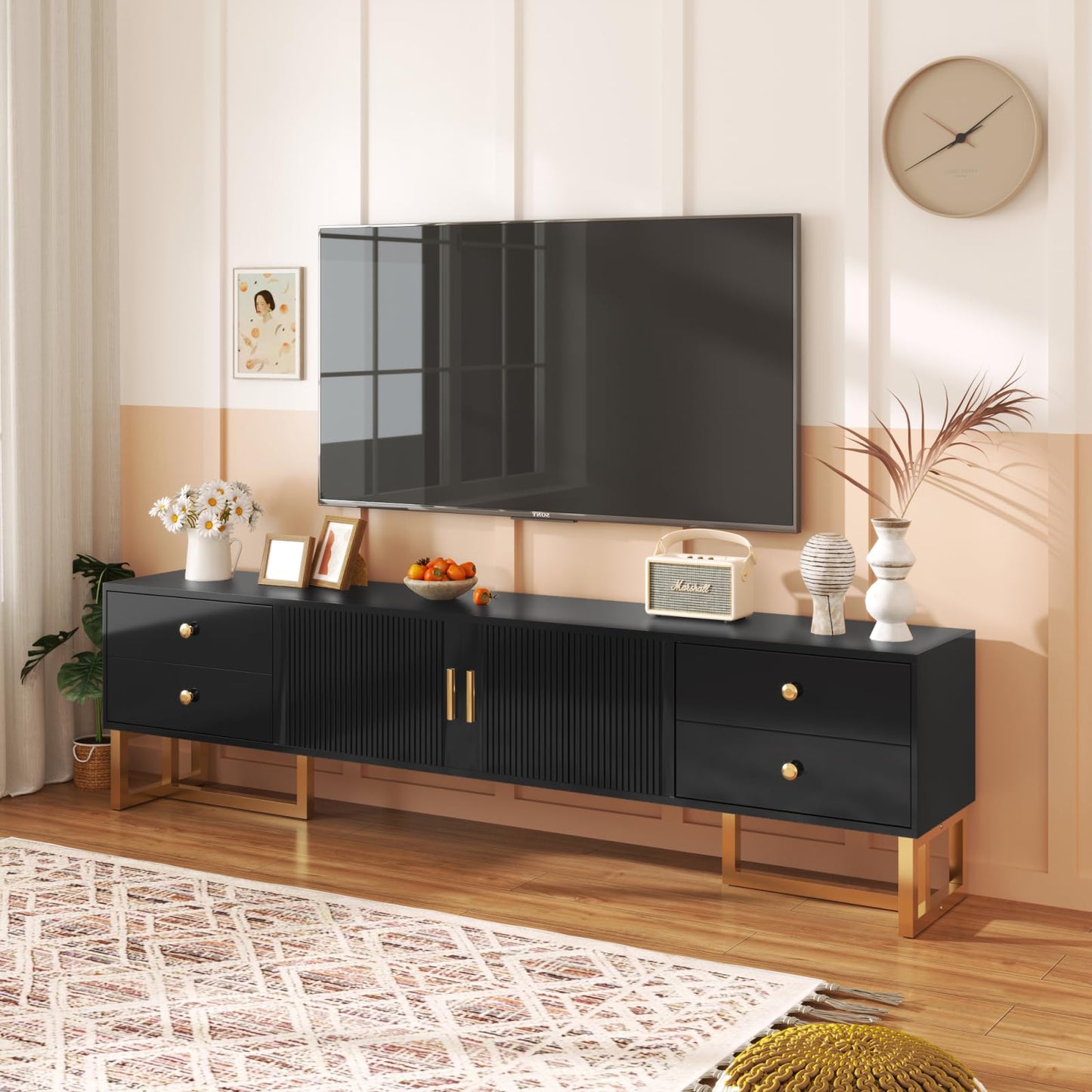 TV Cabinet with 3 Drawers, TV Table with Golden Handles and Legs, Modern TV Stand for TVs up to 75 Inches, Rounded Corners, TV Cabinet for Living Room, 174 x 35 x 41 cm, White