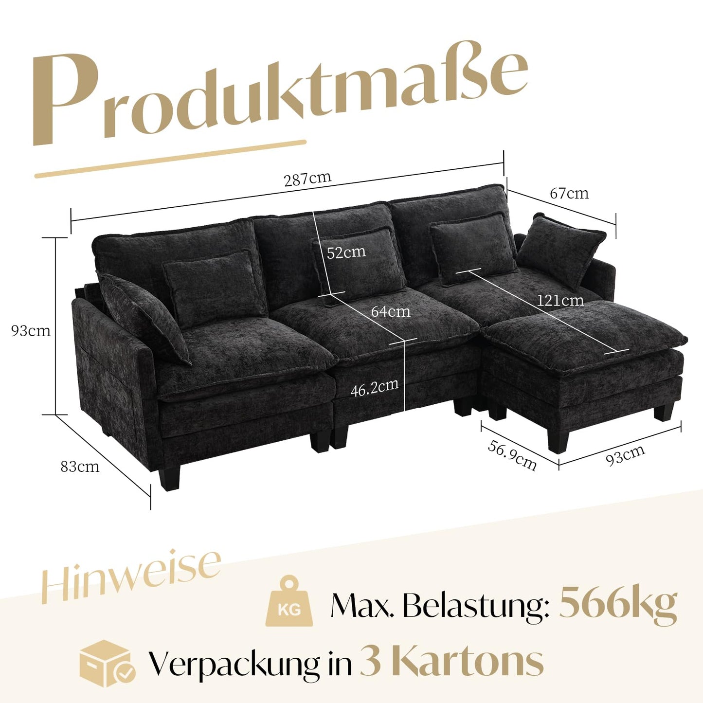 Modular Sofa with Sleep Function, Chenille Corner Sofa, Small with Thick Padding, Sofa L Shape Set with Couch Cushion, Comfortable Armchair, Living Room Couch with Stool, Chaise Lounge (Dark Grey, 287