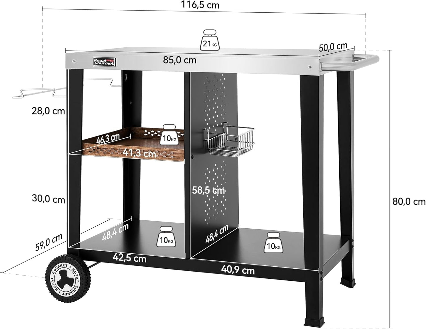 Royal Gourmet Grill Table with 85 x 50 cm Stainless Steel Plate, 3 Tier Grill Trolley for Table Grill and Pizza Ovens, Trolley with Handles, Bin Bag Holder & Storage Shelves, Easy to Clean and Movable