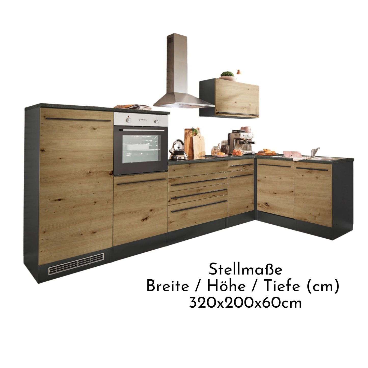 Jazz 4 Modern Corner Kitchen with Electrical Appliances in White High Gloss, Metallic Grey - Spacious Kitchen Unit in L-Shaped with Lots of Storage Space - 320 x 200 x 60 cm (W x H x D)