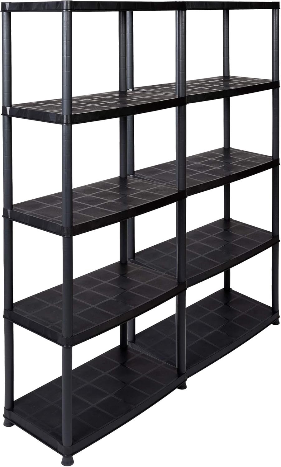 Pack of 2 Plastic Shelving Units With 5 Solid Shelves, Can Hold Up To 30 kg/Shelf Dimensions (W x D x H) in cm per shelf: 71 x 38 x 171 cm.