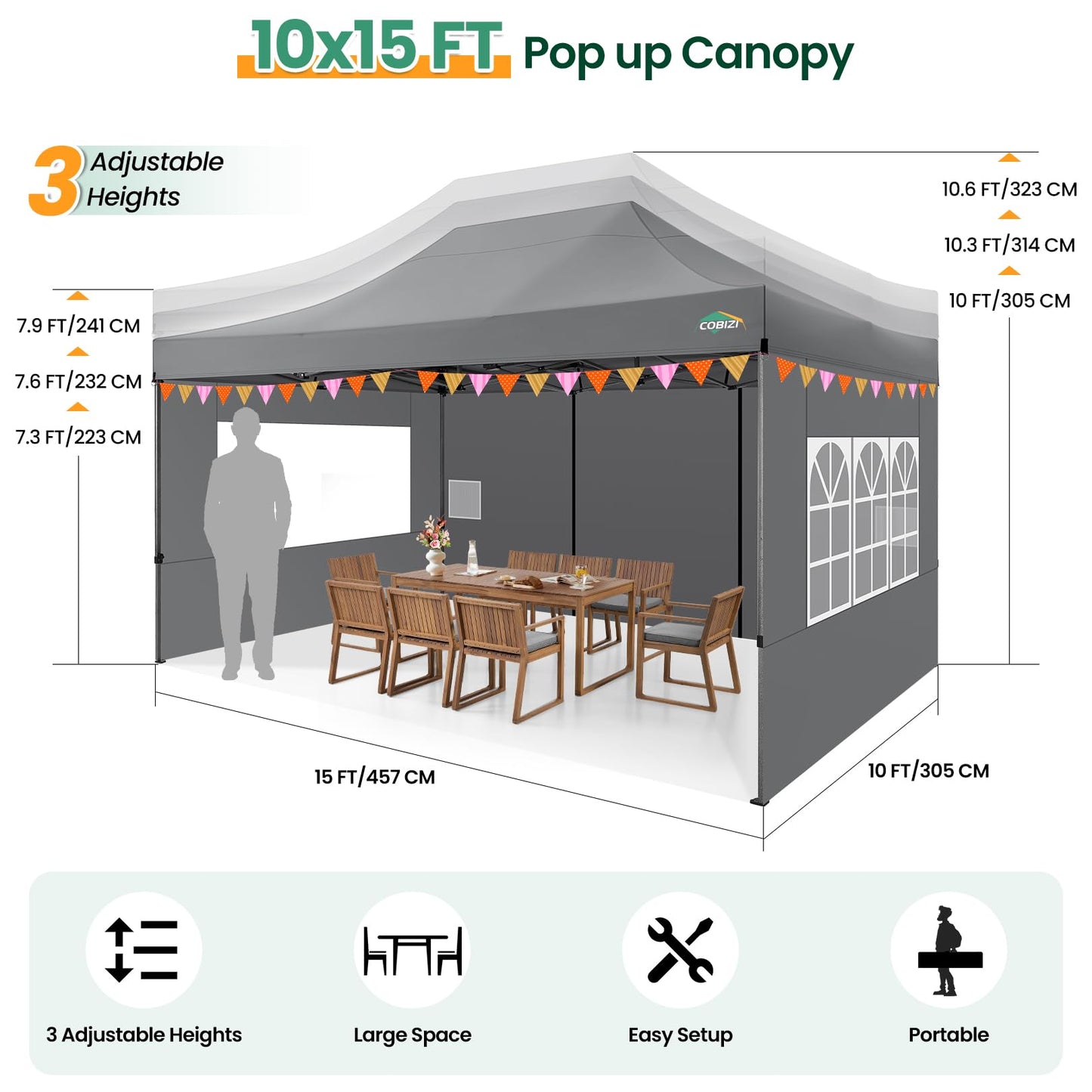 COBIZI Pavillon Faltpavillon 3x3 wasserdicht stabil Winterfest,Outdoor faltbar partyzelt，gartenpavillon mit 4 Seitenteilen und 4 Sandsack und Laufradtasche, Schwarz