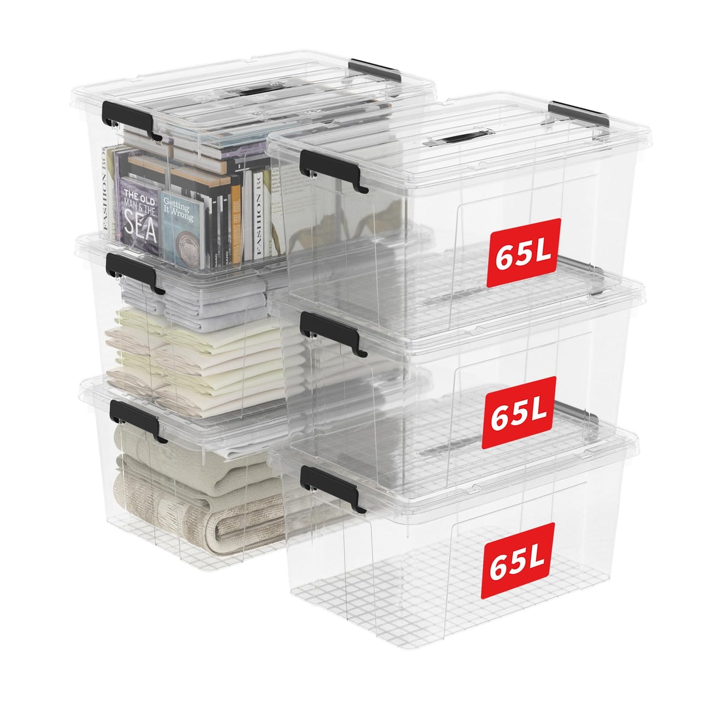 Cetomo 45 L x 3 Storage Boxes, Portable Plastic Boxes with Lids, Organiser Container with Handle and Clips, Stackable, Nestable, for Home and Office, Transparent, 45 L, Pack of 3