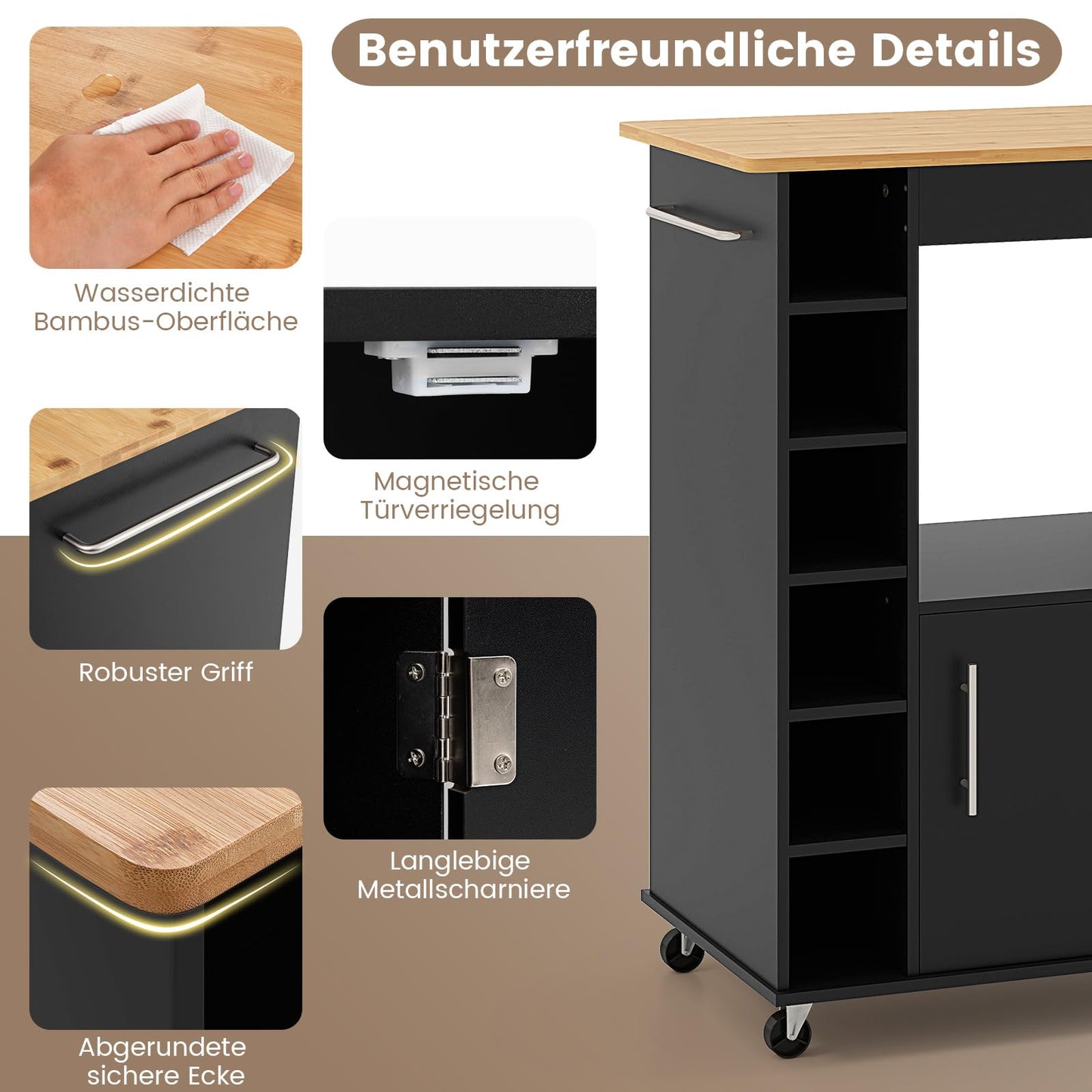 COSTWAY Kitchen Trolley on Wheels, Serving Trolley with Worktop & Towel Holder & Spice Racks, Wine Rack for 6 Bottles, Kitchen Island Wood, Kitchen Cabinet Rollable, for Kitchen, Dining Room, Bar