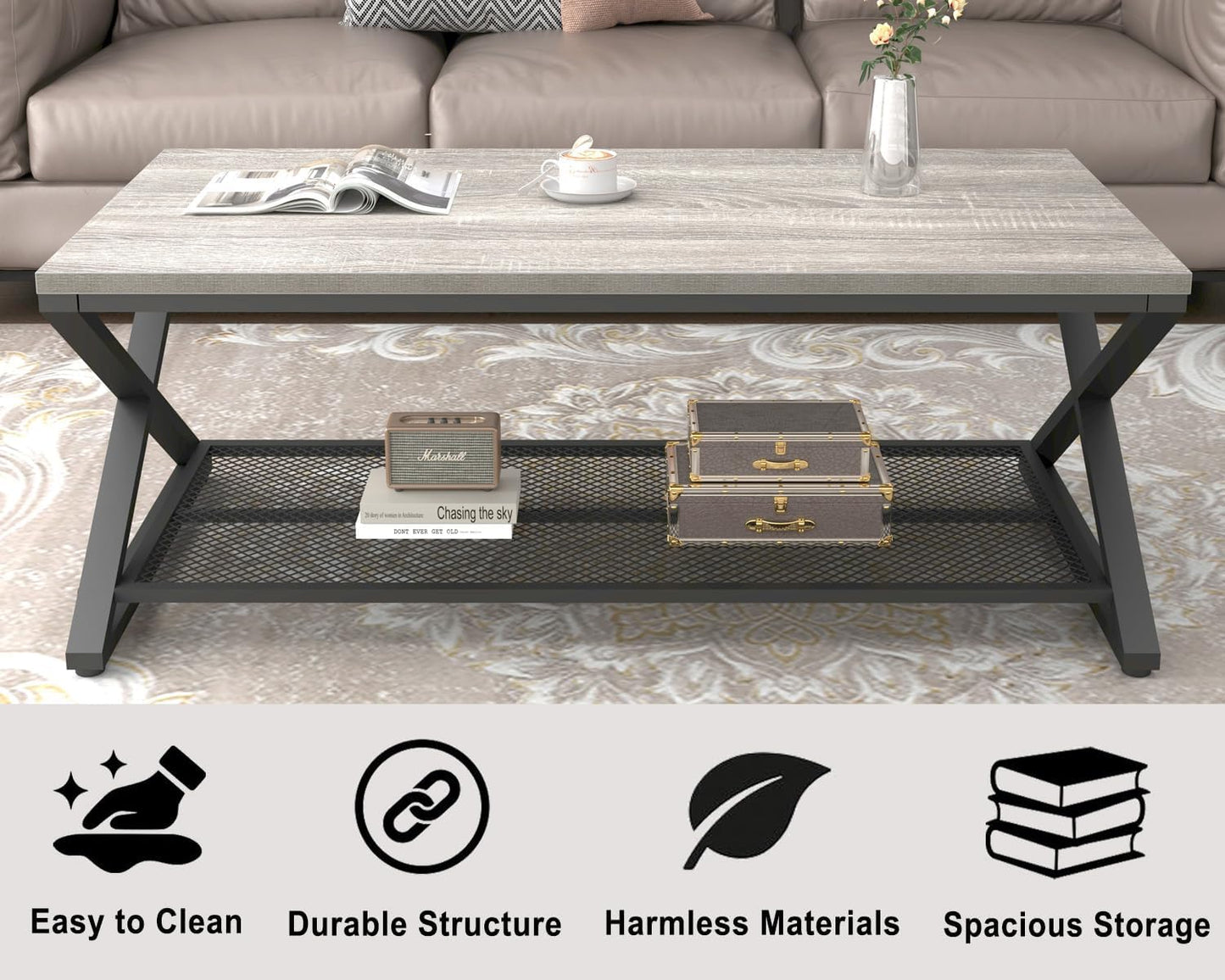 LVB Rectangular Coffee Table, Living Room Table, Sofa Table, Side Table, Wood, Metal, Living Room Furniture, Coffee Table, Vintage Retro Industrial Design, 120 x 60 x 45 cm