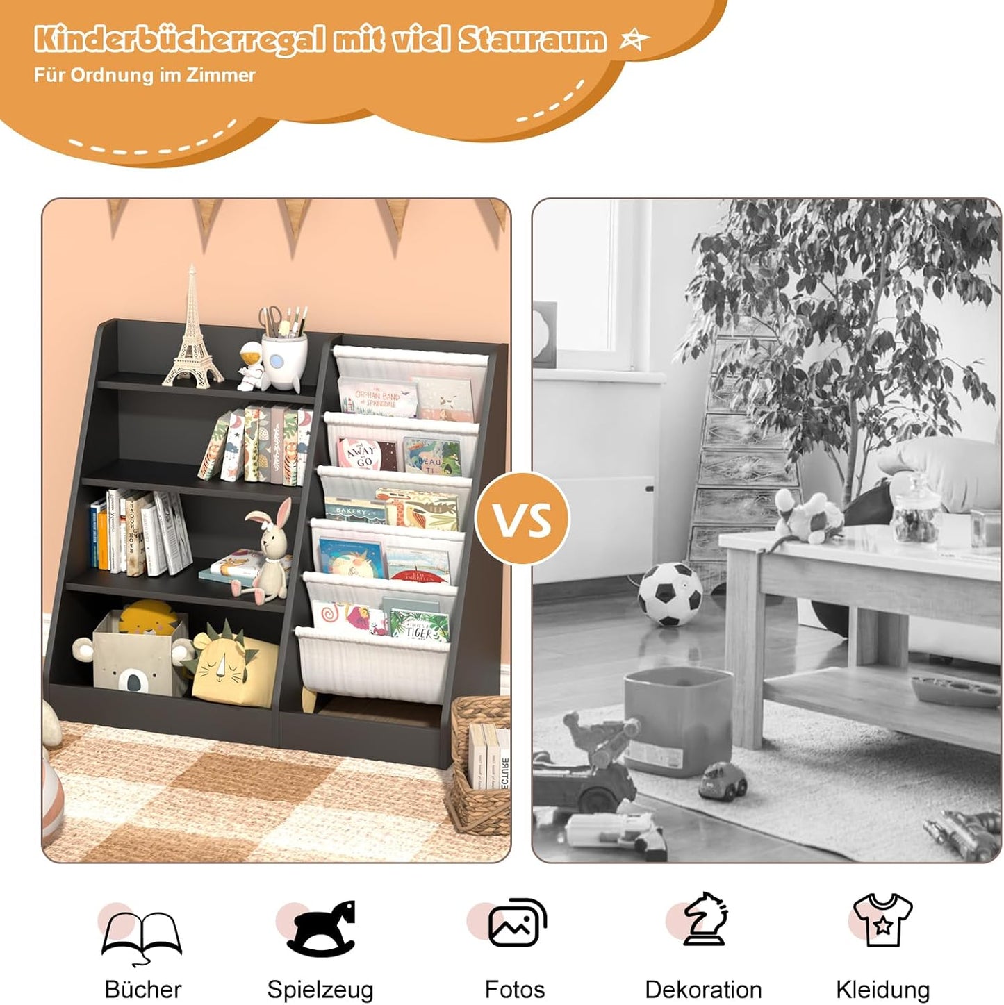 Children's Shelf, White with 5 Shelves and 4 Open Compartments, Bookcase for Children, Toy Organiser, 90 x 40 x 80 cm