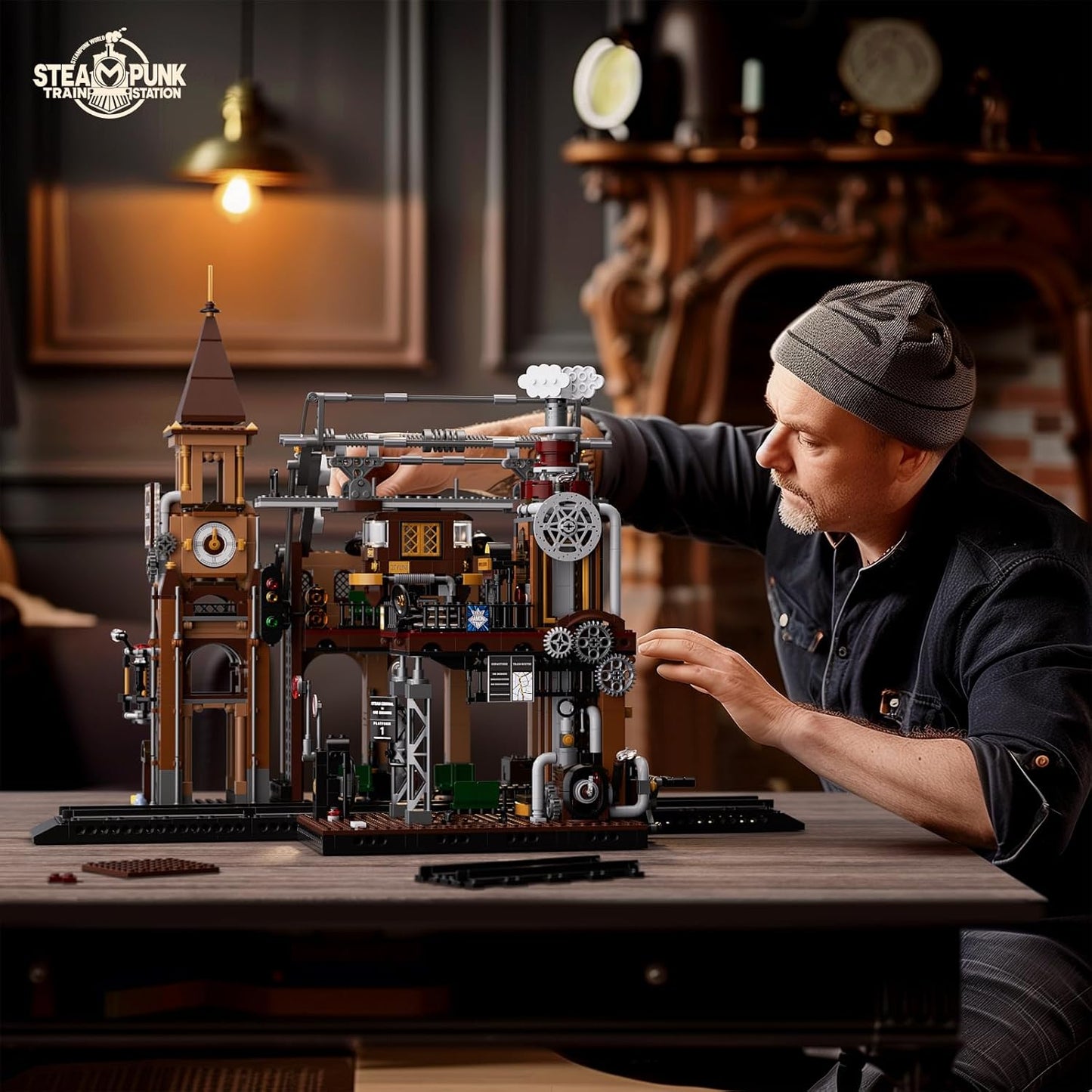 FUNWHOLE Railway Station Lighting Building Blocks Set - 1917 Pieces LED Lighting Modular Construction Model Set for Adults and Teenagers