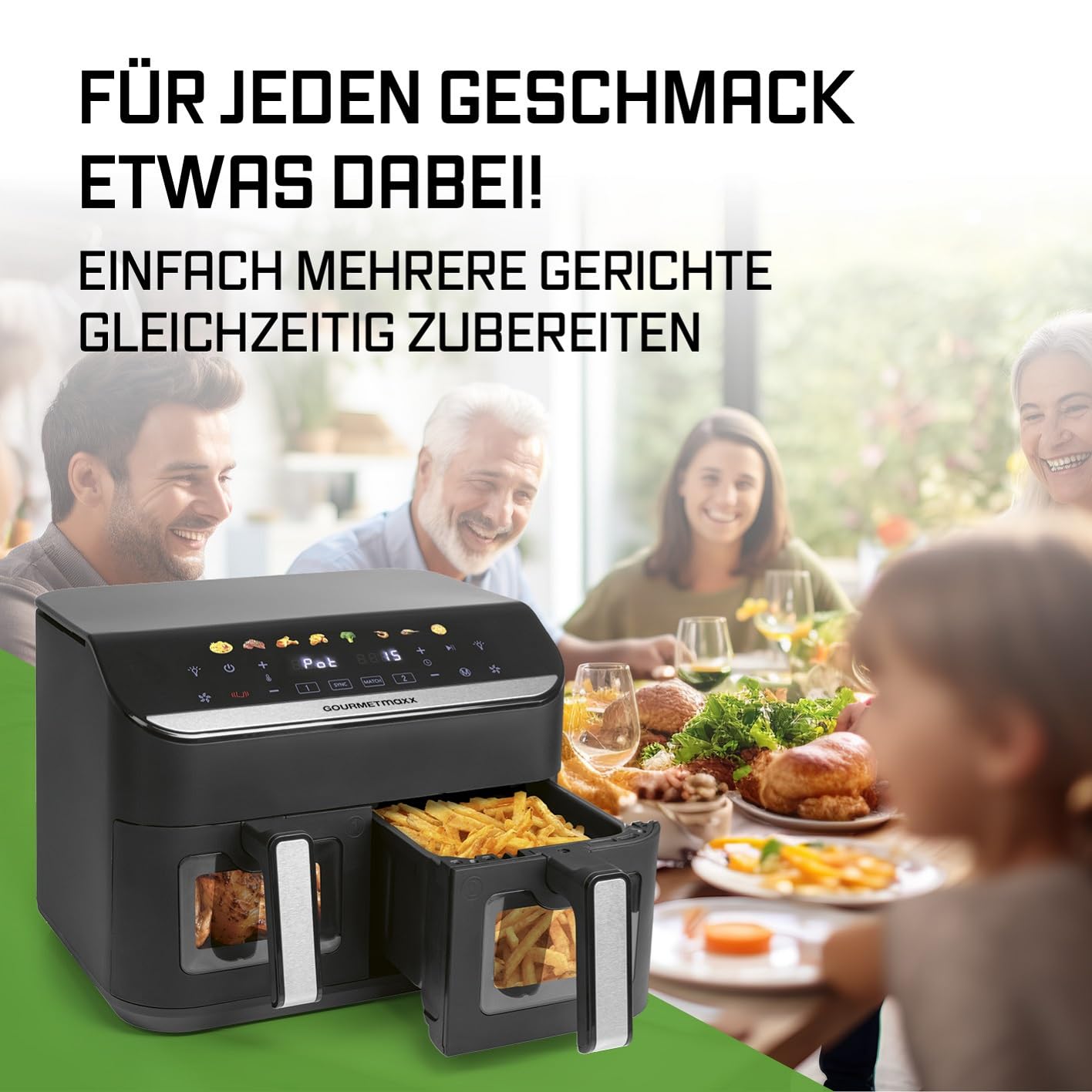 GOURMETmaxx Digitale Heißluftfritteuse 12 L, XXL-Edelstahl-Ofen | Airfryer + Timer, Touchdisplay, Drehspieß | fettarm, energiesparend frittieren | 10 Programme inkl. Pizza | 1800 W