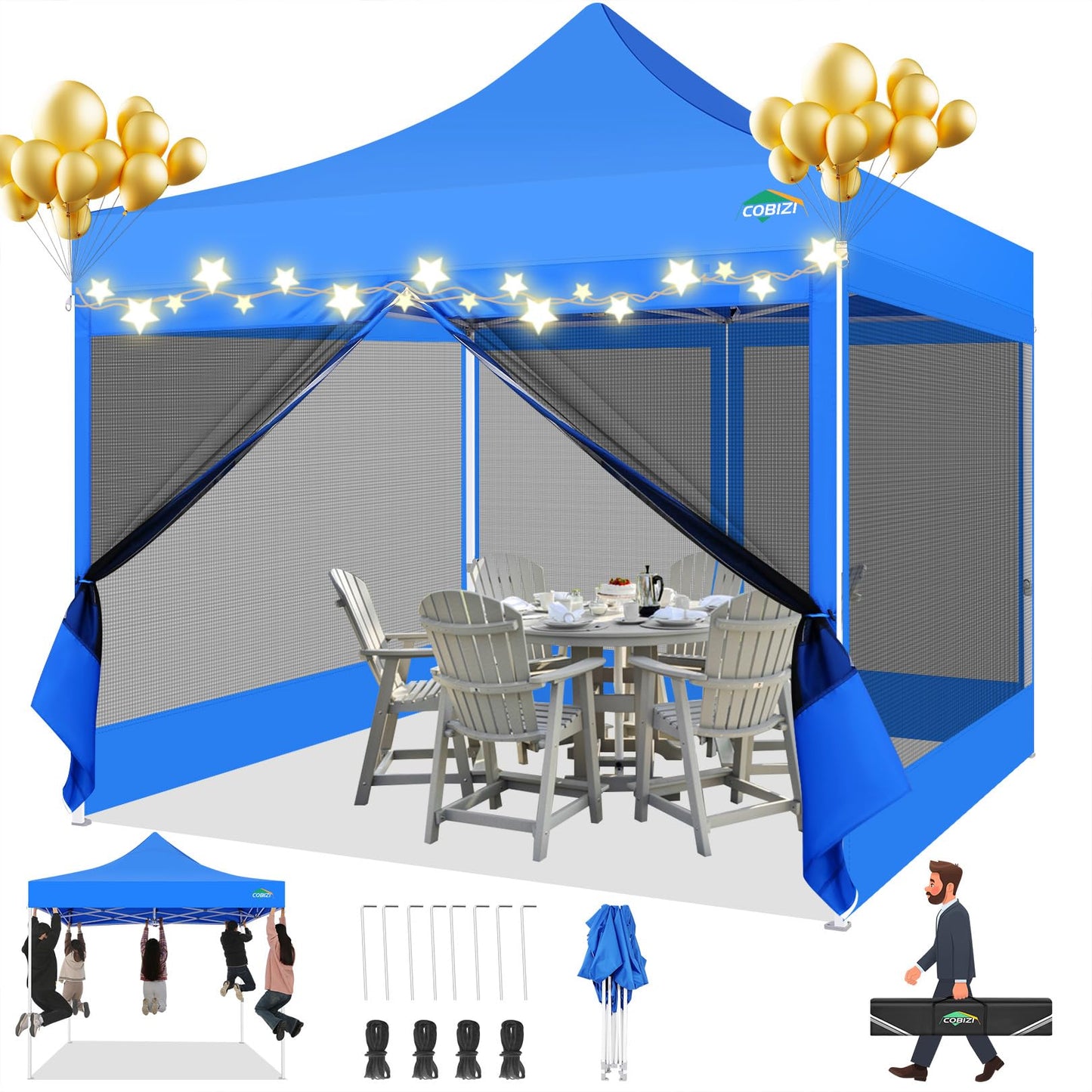 COBIZI Pavillon 3x3 Faltpavillon 3x3 Wasserdicht Stabil, Partyzelt Gartenpavillon UV-Schutz mit 4 Seitenwänden aus Mesh, Schwarz
