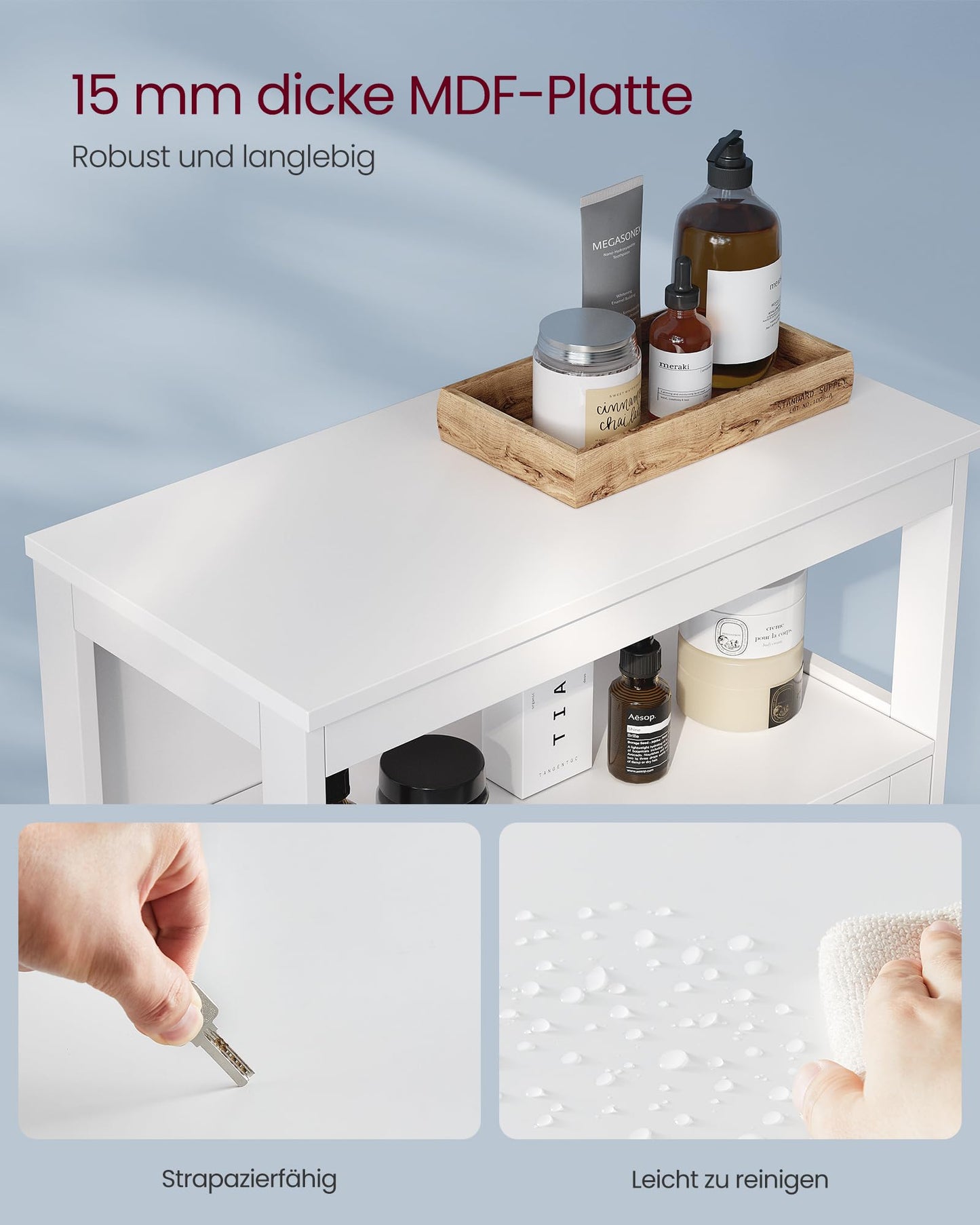 VASAGLE BBC40WT Wooden Bathroom Cupboard Organiser Shelf, Freestanding with 2 Slat Doors, White