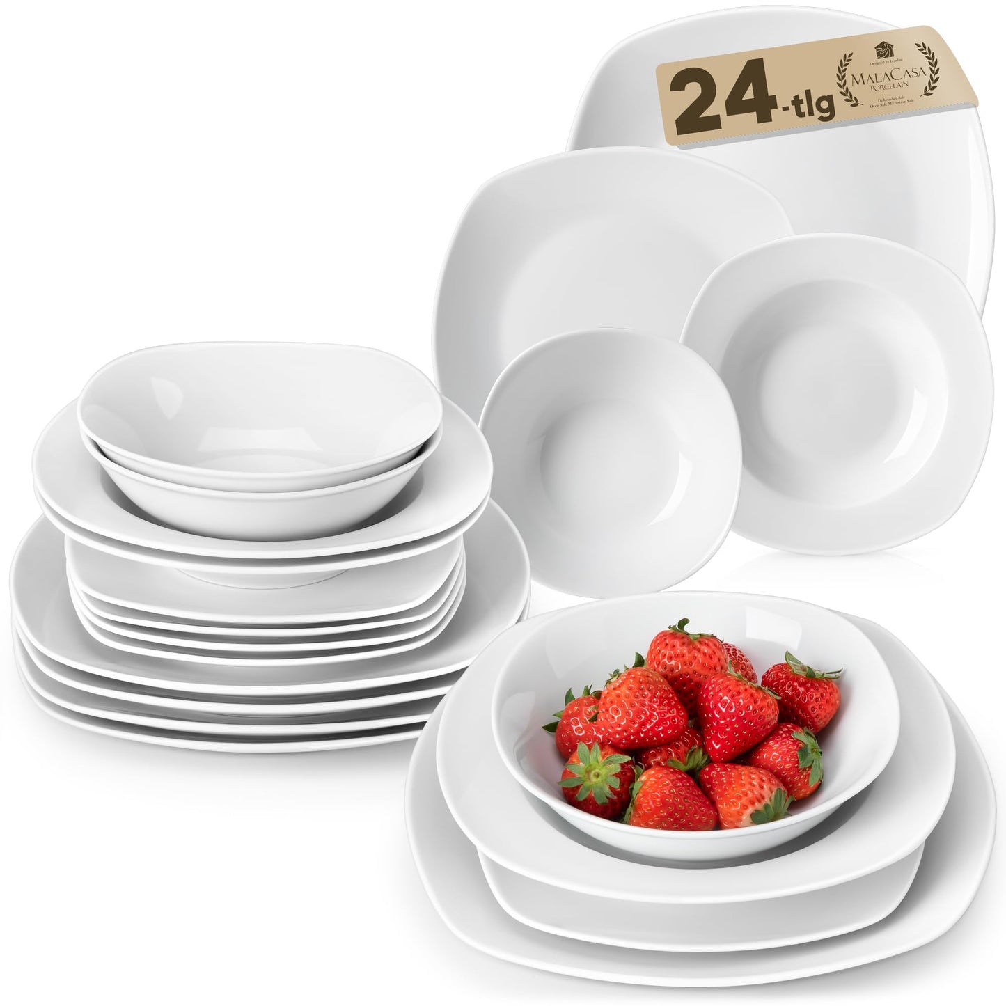MALACASA Elisa Series Crockery Set for 12 People, 48-Piece Plate Set, Dinner Service Set with 12 Soup Plates, 12 Cake Plates, 12 Dinner Plates and 12 Cereal Bowls, Porcelain Crockery Set in Light Grey
