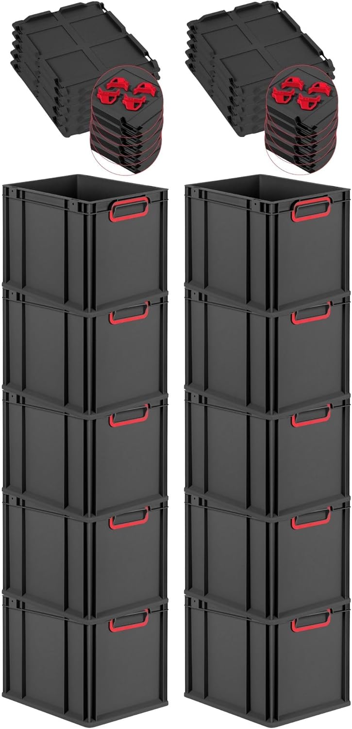 PROREGAL Economy Set of 5 Eurobox NextGen Colour with Lid and Sliding Snap Fasteners, H x W x D 22 x 30 x 40 cm, 20 L, Black, Closed Handles, Euro Container, Transport Box, Transport Container