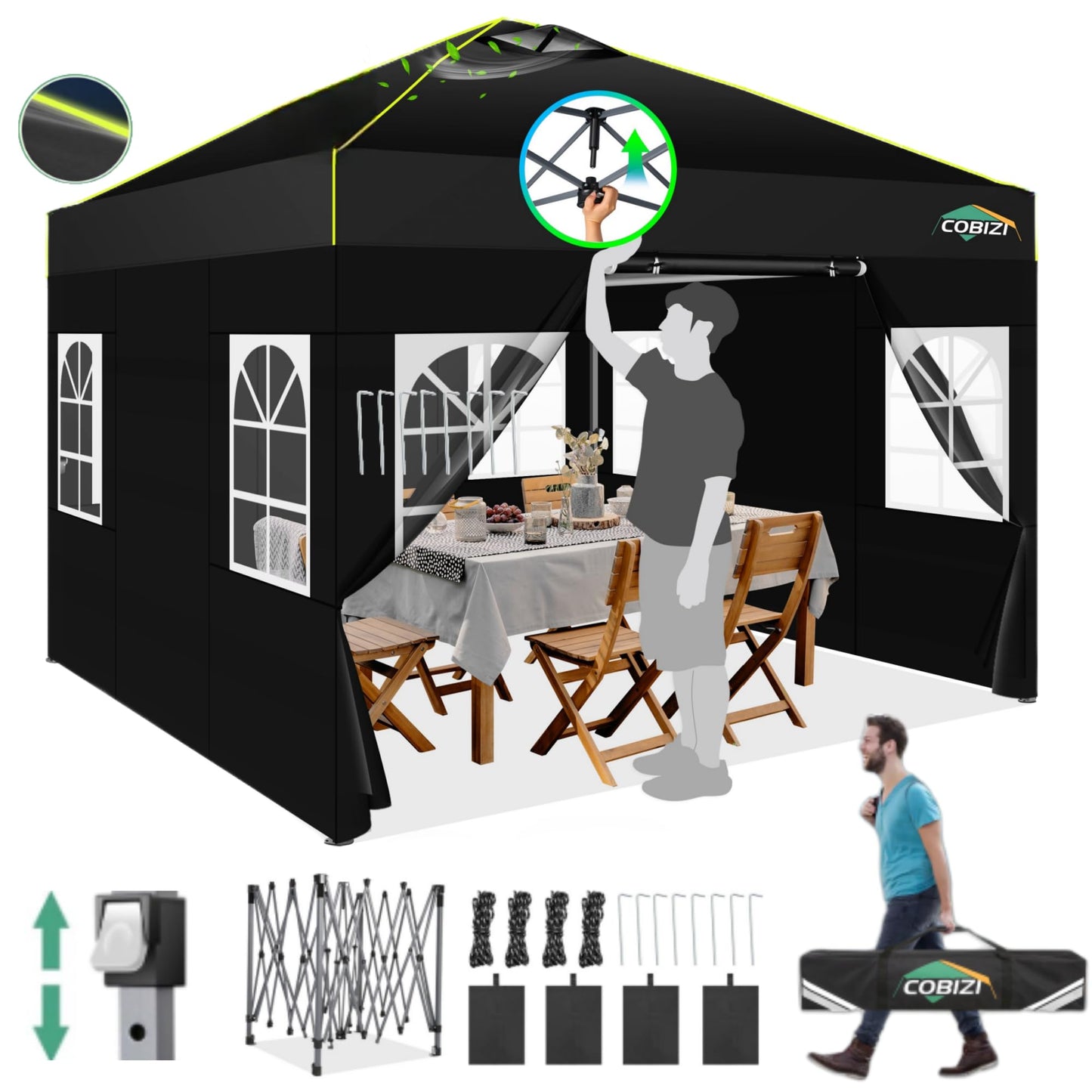 COBIZI Folding Gazebo Gazebo 3 x 6 Waterproof Winterproof Garden Gazebo Party Tent Pop Up Gazebo Foldable Tent with 6 Side Waves with Ventilation Openings, Sandbag for Market, Outdoor Event, Black