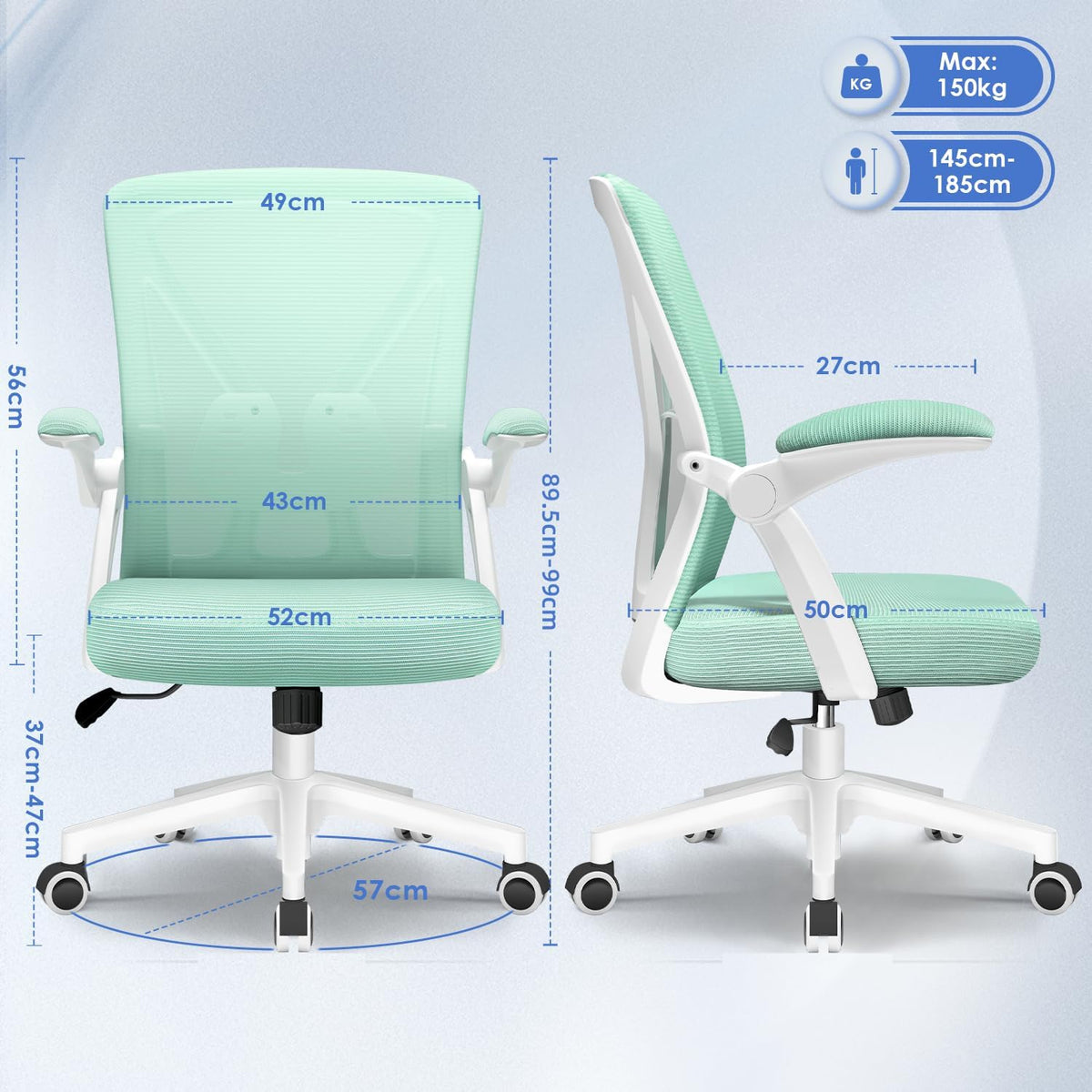 Hinonde Office Chair, Desk Chair with Folding Armrests and Rocker Function, 360° Swivel Chair, Height-Adjustable Office Chair, Ergonomic Home Office Chair with Breathable Mesh, Up to 150 kg