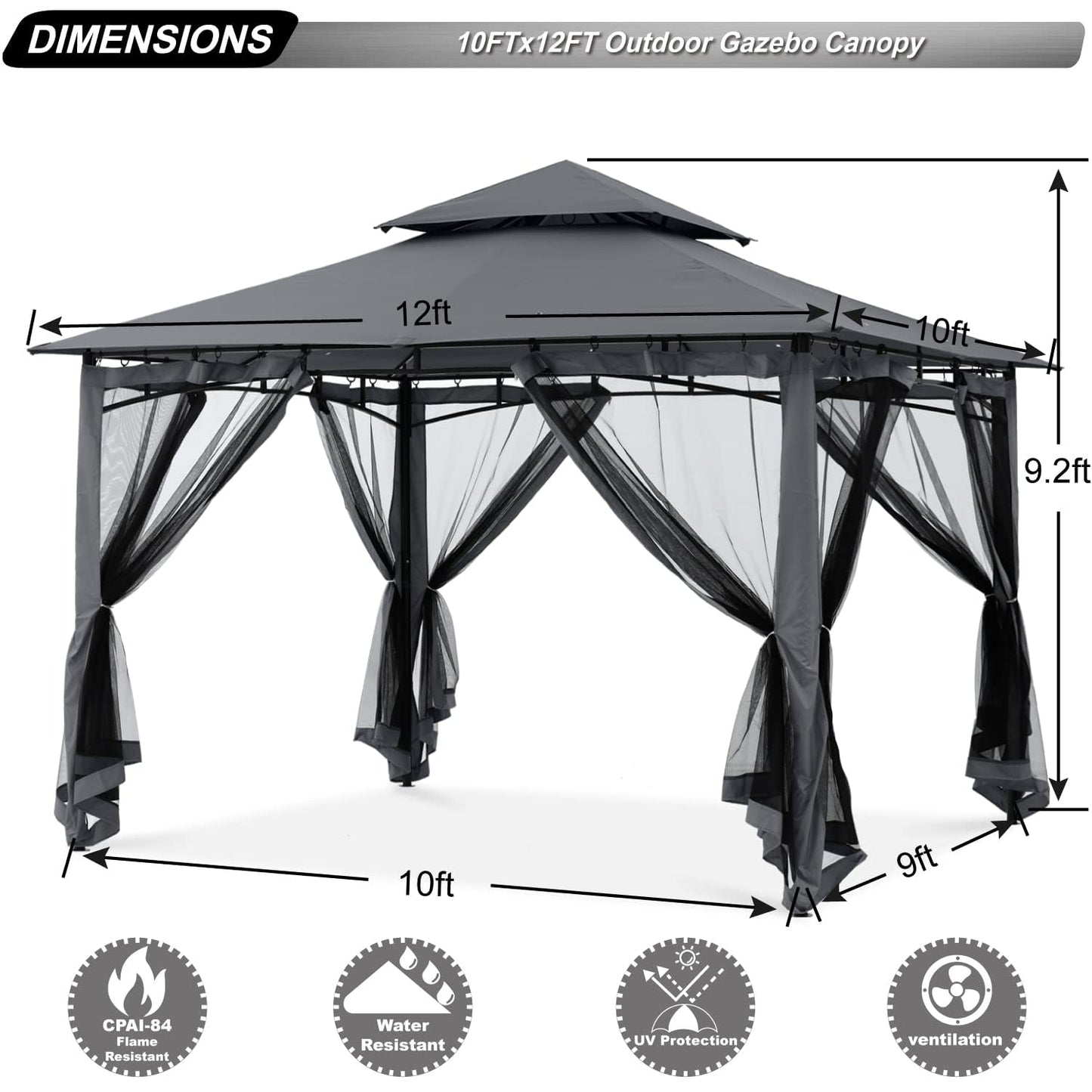 ABCCANOPY Pavillon 2.5x2.5m Wasserdicht Stabil Winterfest Gartenpavillon，Doppeldachweichdach Hinterhof-Partyzelt mit Netz für Schatten und Regen,Grau