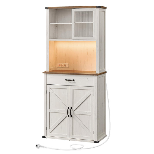 VASAGLE Sideboard with Lighting and Charging Station Kitchen Cabinet Storage Cabinet with Doors and Drawers 39.5 x 106.5 x 180.6 cm Adjustable Shelves Country Style Vintage White BBK391W02