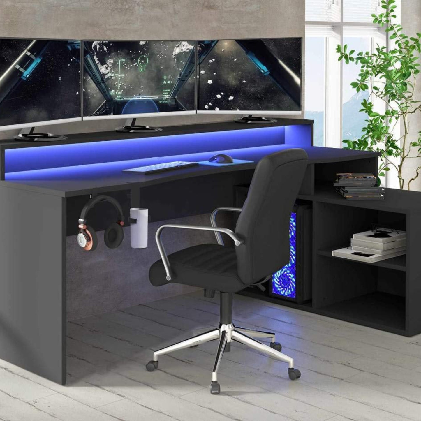 Forte TEZAUR Computer Desk Gaming Desk with LED Lighting and Shelf, Wood Material, Black, W x H x D: 200 x 91.1 x 125.4 cm