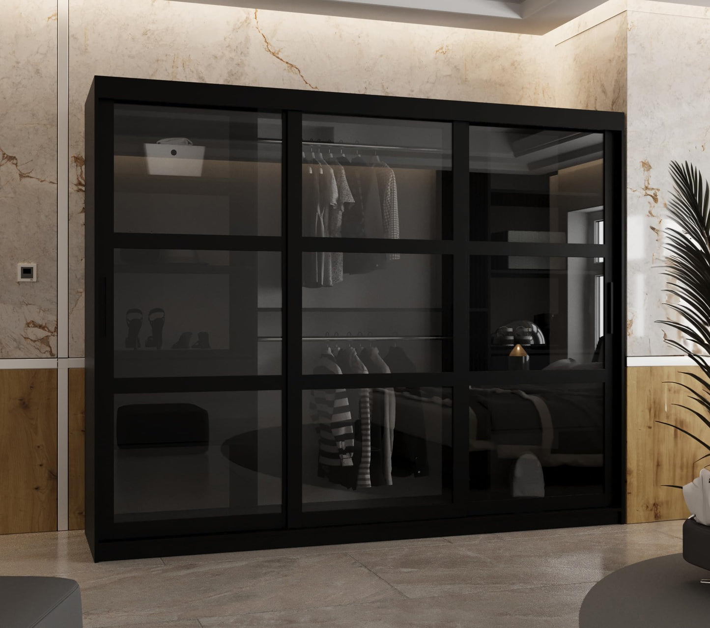 MEBLE KRYSPOL Dome 2 Schrank mit DREI Schiebetüren mit Spiegel, Stangen und Regalen - Aufbewahrungsschrank mit Rauchglas für Schlafzimmer, Wohnzimmer - 200x250x62cm - Schwarz, Schwarz, Schwarz