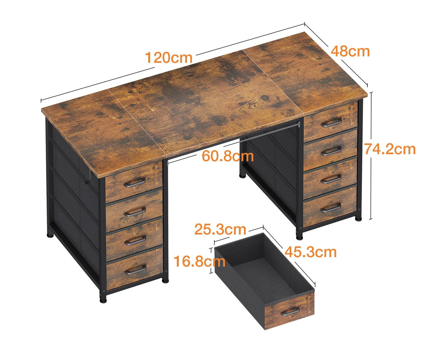 Coleshome Desk with 8 Fabric Drawers, 120 x 48 cm, Desk with Storage Space, Computer Desk with Headphones, Office Table, PC Table, Office Table for Office, Living Room, Home Office, Brown