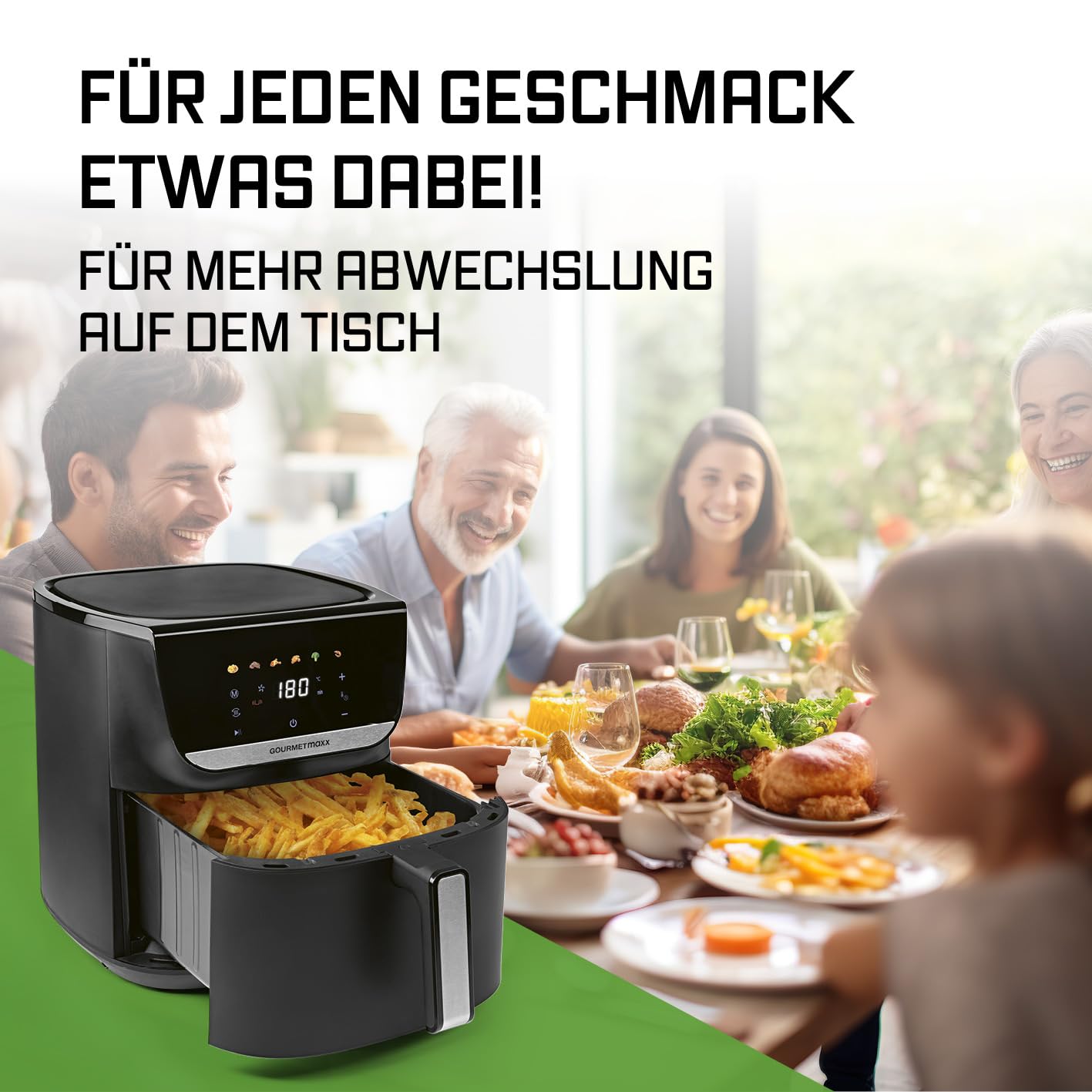 GOURMETmaxx Digitale Heißluftfritteuse 12 L, XXL-Edelstahl-Ofen | Airfryer + Timer, Touchdisplay, Drehspieß | fettarm, energiesparend frittieren | 10 Programme inkl. Pizza | 1800 W
