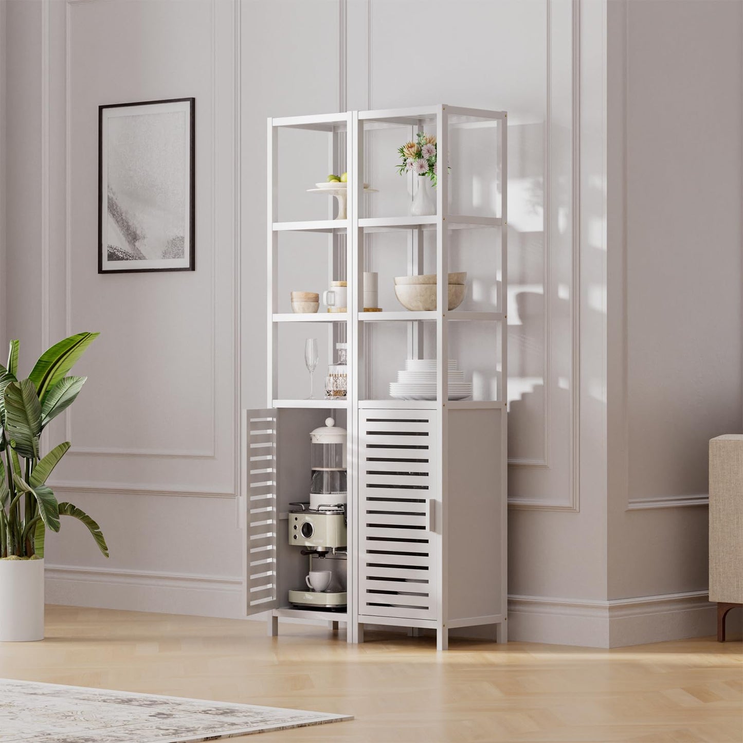 HITNET Bathroom Cabinet Bamboo Black Bathroom Cabinet Tall Cabinet Narrow Freestanding Floor Standing with Open Shelf and Single Door