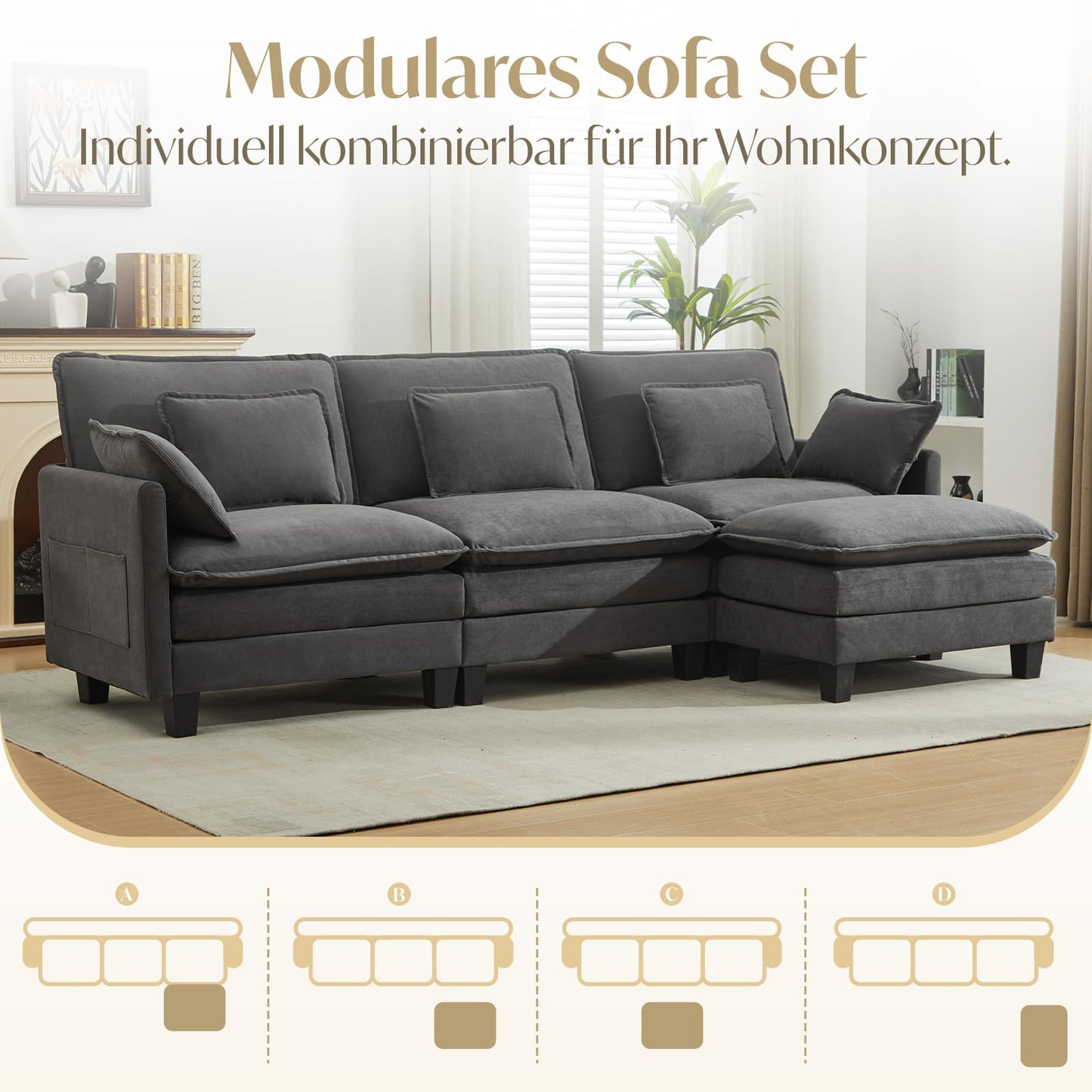 Modular Sofa with Sleep Function, Chenille Corner Sofa, Small with Thick Padding, Sofa L Shape Set with Couch Cushion, Comfortable Armchair, Living Room Couch with Stool, Chaise Lounge (Dark Grey, 287