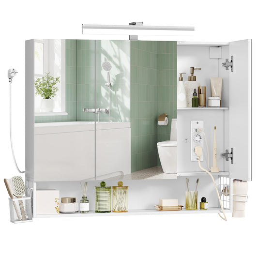 VASAGLE Bathroom Cabinet 3 Door Mirror Cabinet Wall Cabinet Wall Cabinet Wall Cabinet Wall Mounted Basket Hair Dryer Holder Large Storage for Bathroom 16.5 x 90 x 75 cm Cloud White BBK136W01