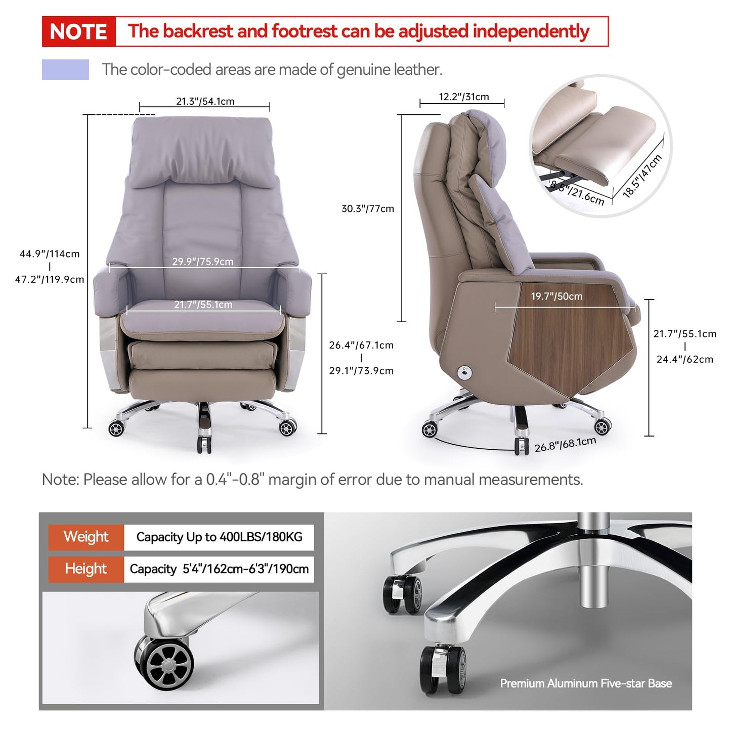 EMIAH Executive Massage Chefsessel M032-1 Liegefunktion Bürostuhl mit Armlehne Ergonomischer Schreibtischstuhl mit Fußstütze und Lendenwirbelstütze Elektrischer Rollender Leder Computerstuhl (Khaki)