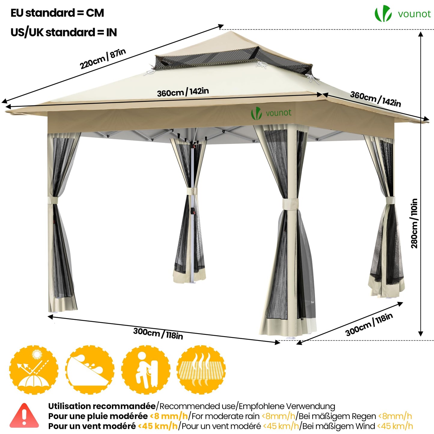 VOUNOT Pavillon Faltbar 3,6x3,6m, Pop Up Partyzelt mit Mesh Sides & Doppeldach, Faltpavillon Stabil mit Bein Gewichte & Roller Bag, Gartenpavillon Gartenzelt Grau