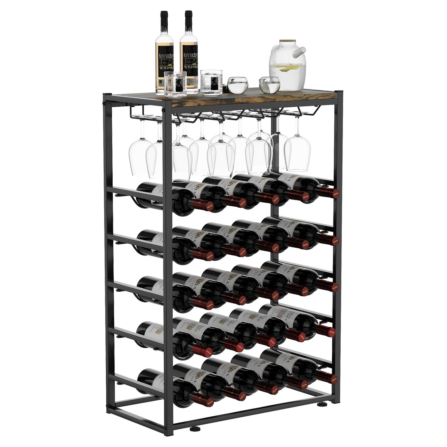 Urban Deco Wine Rack for 30 Bottles, Bottle Rack Standing with Wooden Table Top, Wine Rack Metal Black for Kitchen, Bar, Basement, Dining Room, 59 x 30 x 89 cm